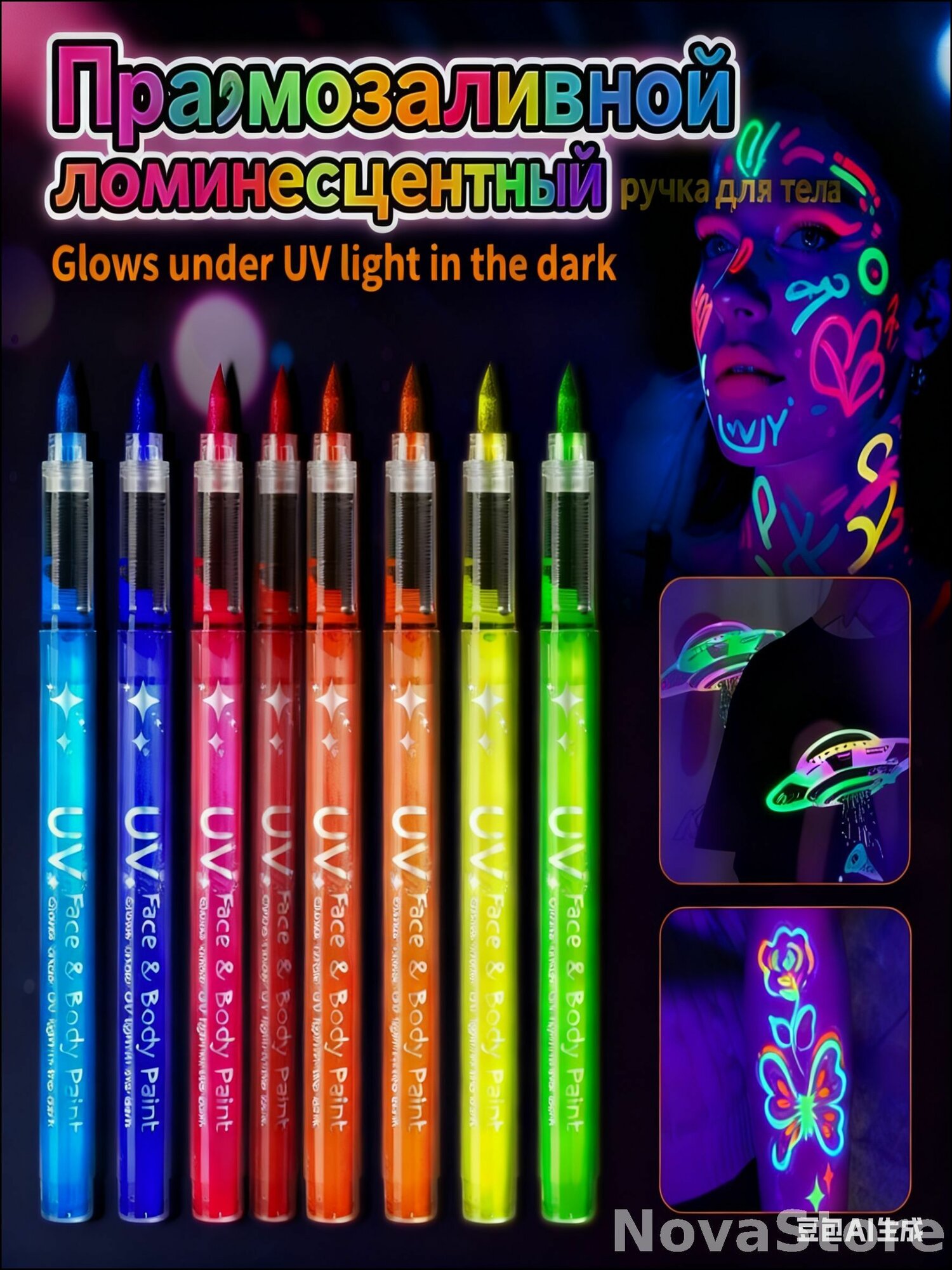 Эксклюзивный грим из 8 неоновых цветов, светящийся в ультрафиолете для вечеринок