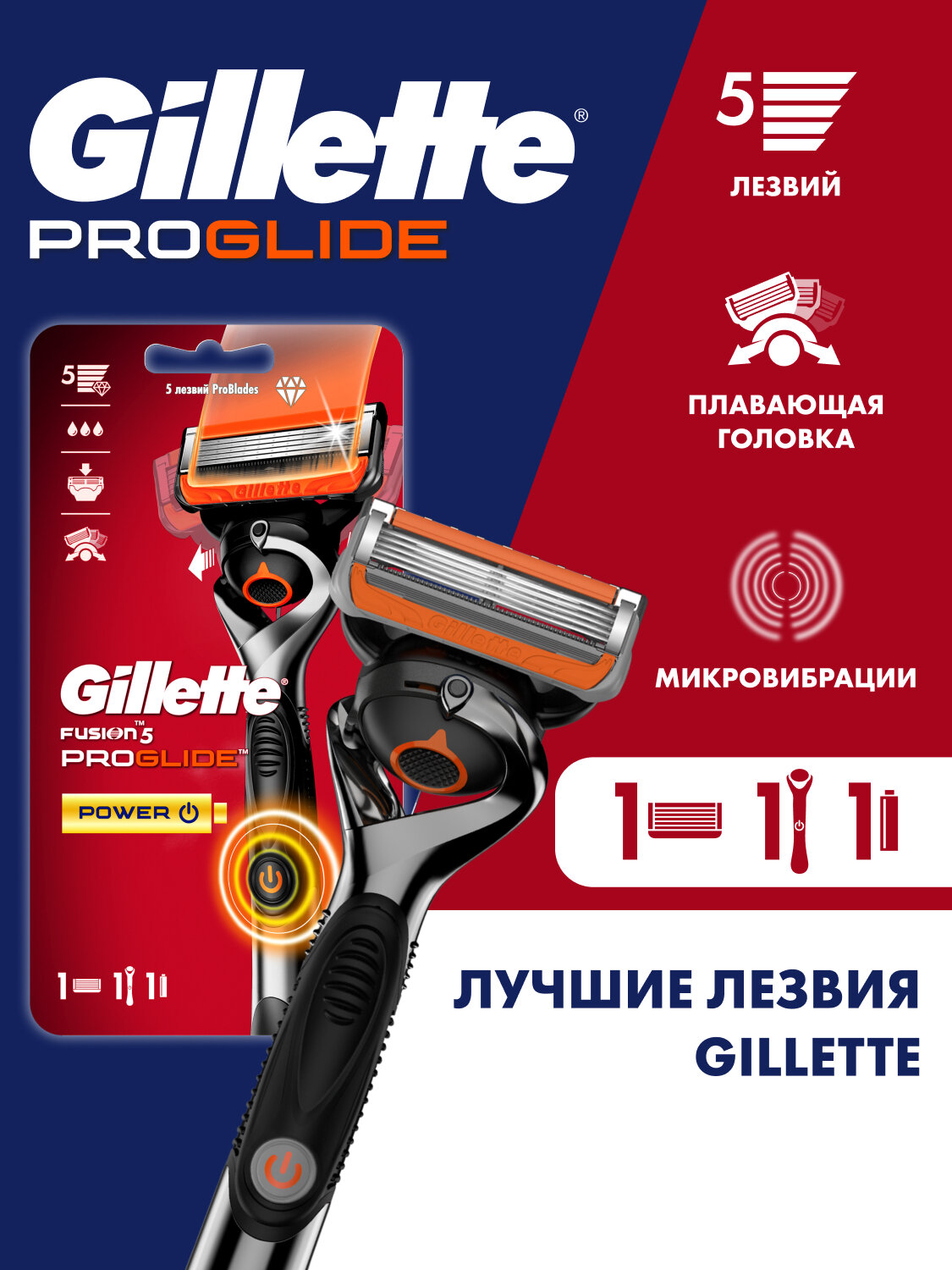 Gillette Fusion5 ProGlide Power Мужская Бритва , 1 кассета, с 5 лезвиями, с технологией FlexBall, c успокаивающими микроимпульсами