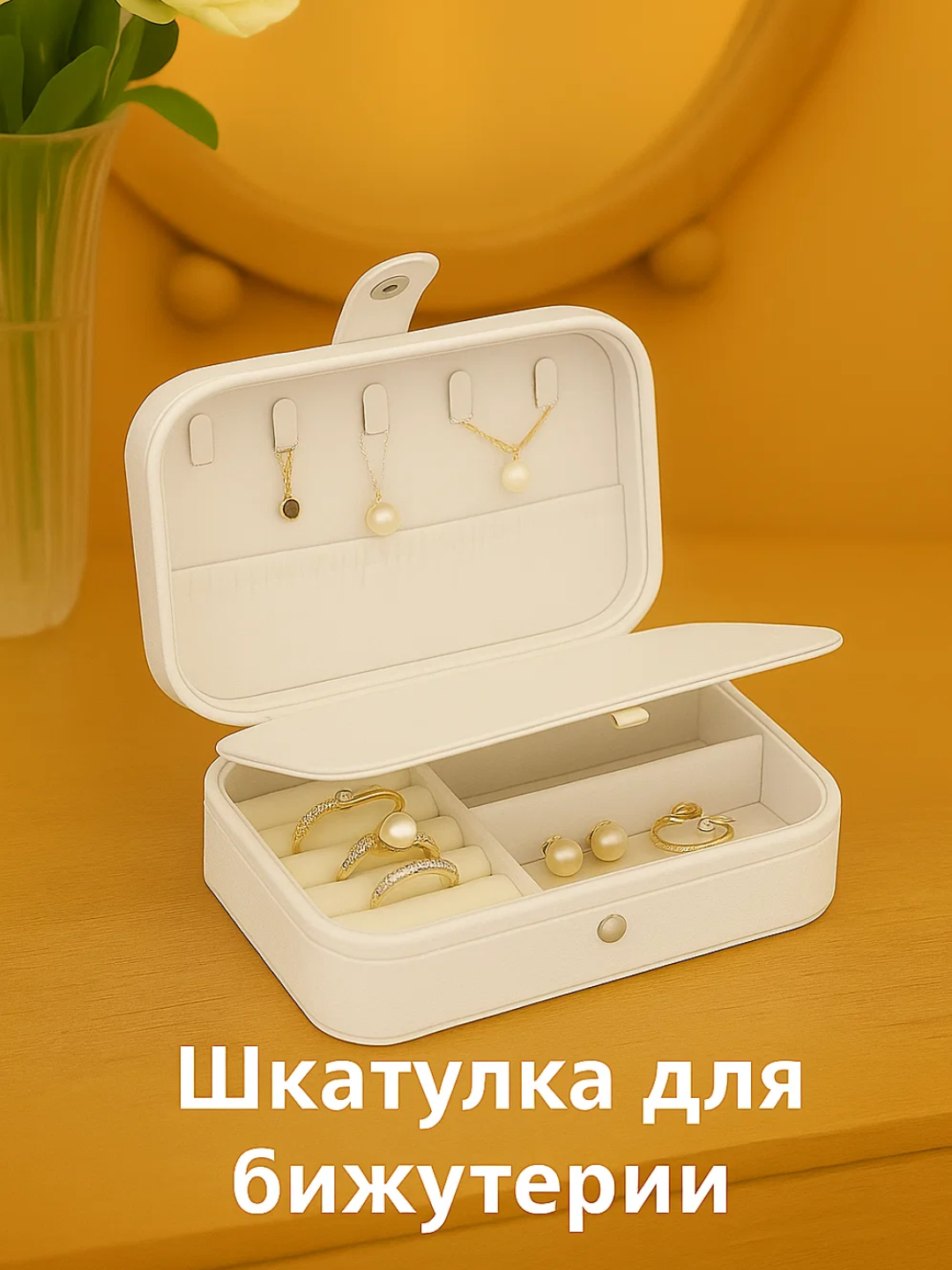 Шкатулка для украшений для современных женщин. Благодаря компактному размеру и современному дизайну, эта шкатулка идеально подходит для хранения колец, серёг, ожерелий и цепочек. Внутренние отделения предназначены для украшений.