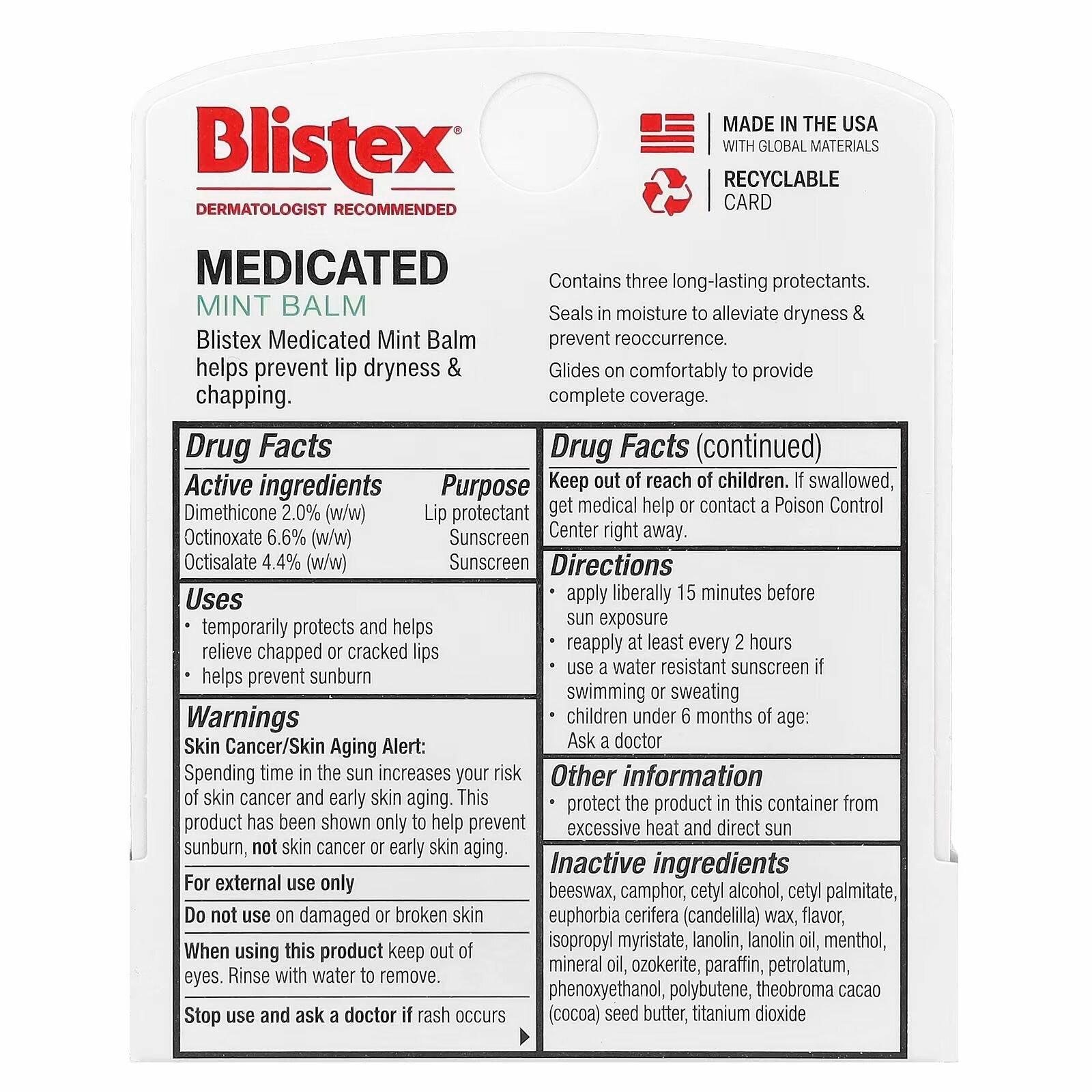 Изображение Blistex, бальзам для губ, солнцезащитный, мята