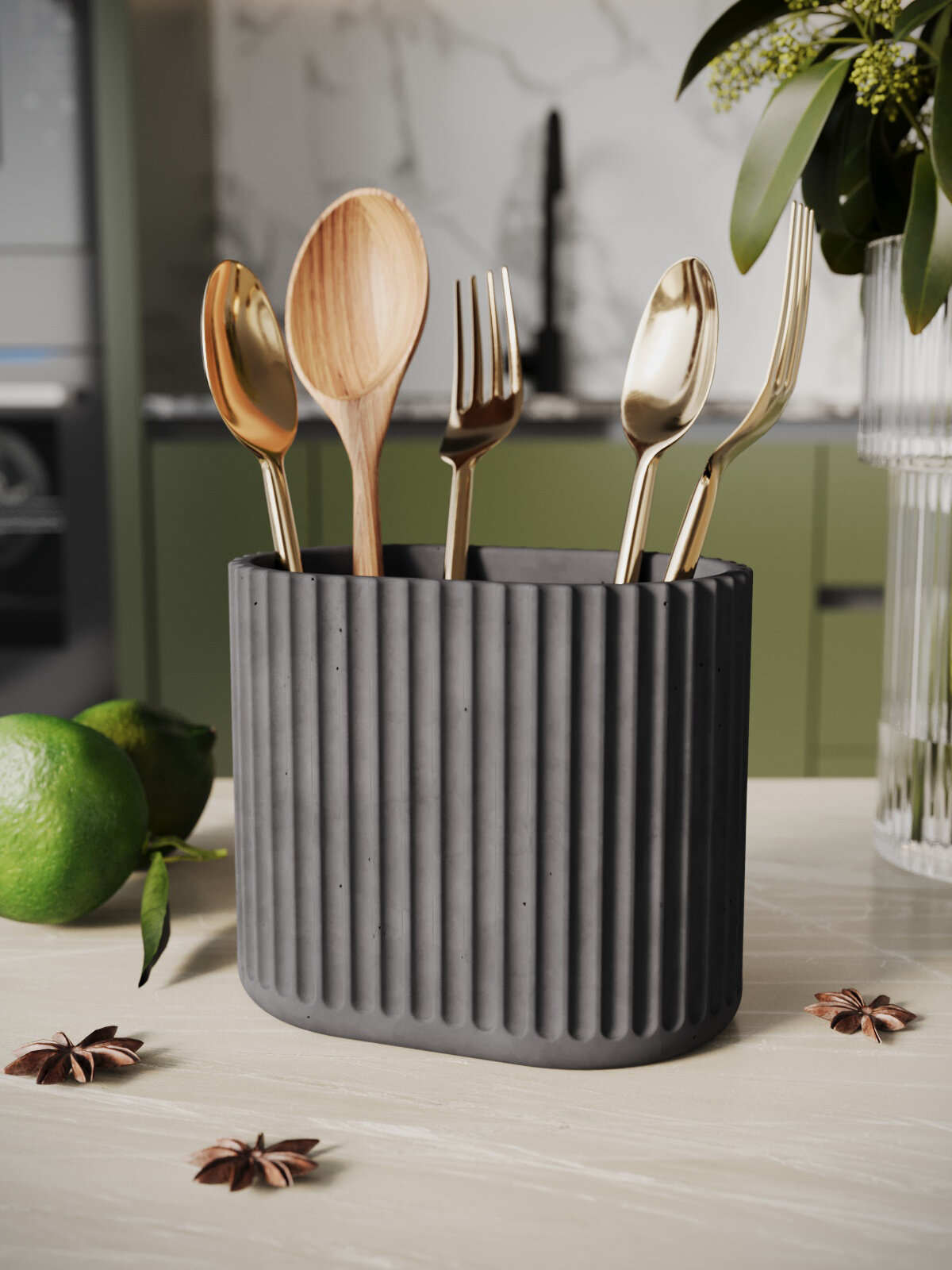 Кухонный стакан Chloe Duo подставка для столовых приборов 10х13х8.5 см бетон черный матовый