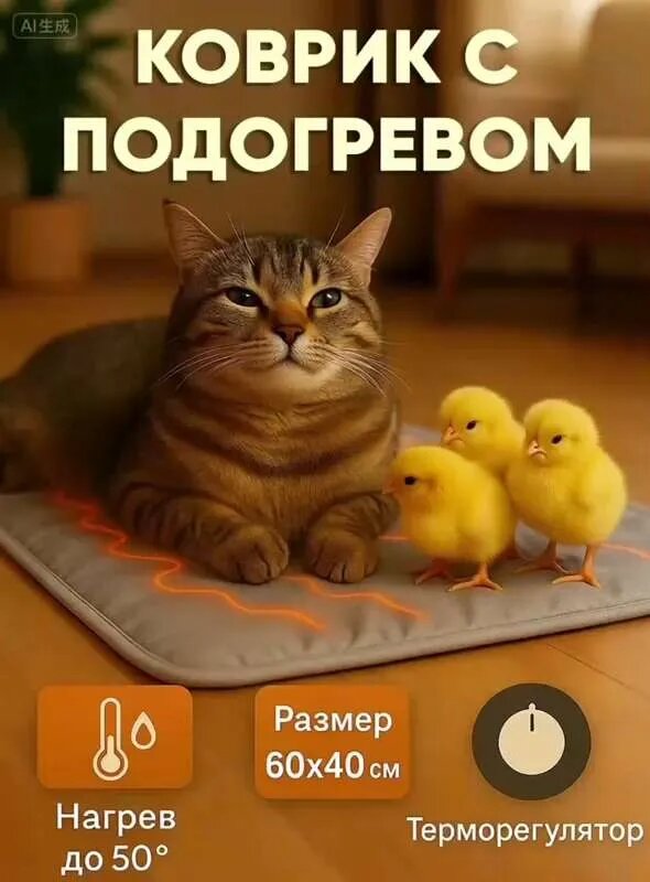 Лежанка для кошек, собак с подогревом мелких пород, коврик с подогревом для животных, 400*600MM, серый