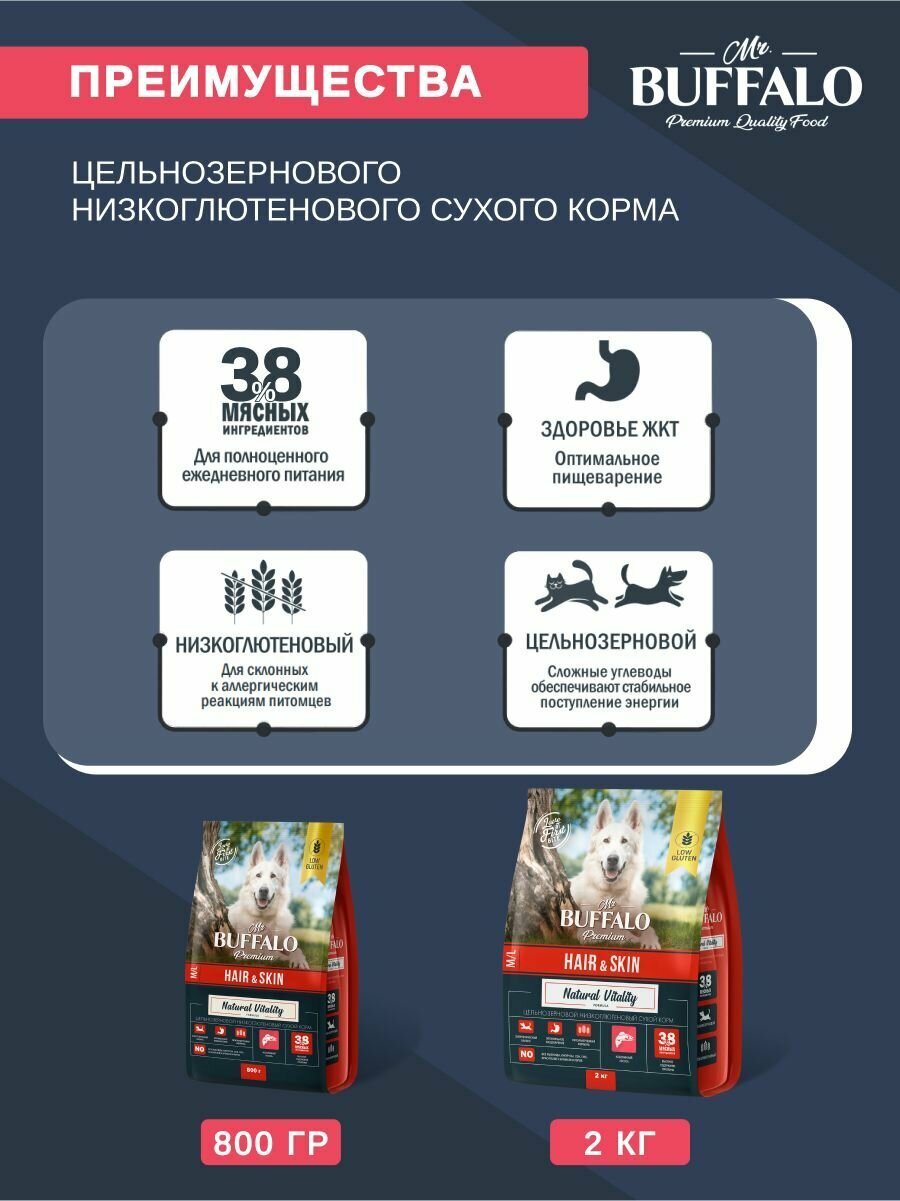 Сухой корм для собак средних и крупных пород для кожи и шерсти Баффало Mr.Buffalo Hair&Skin Care с Лососем 0,8 кг — фото 1