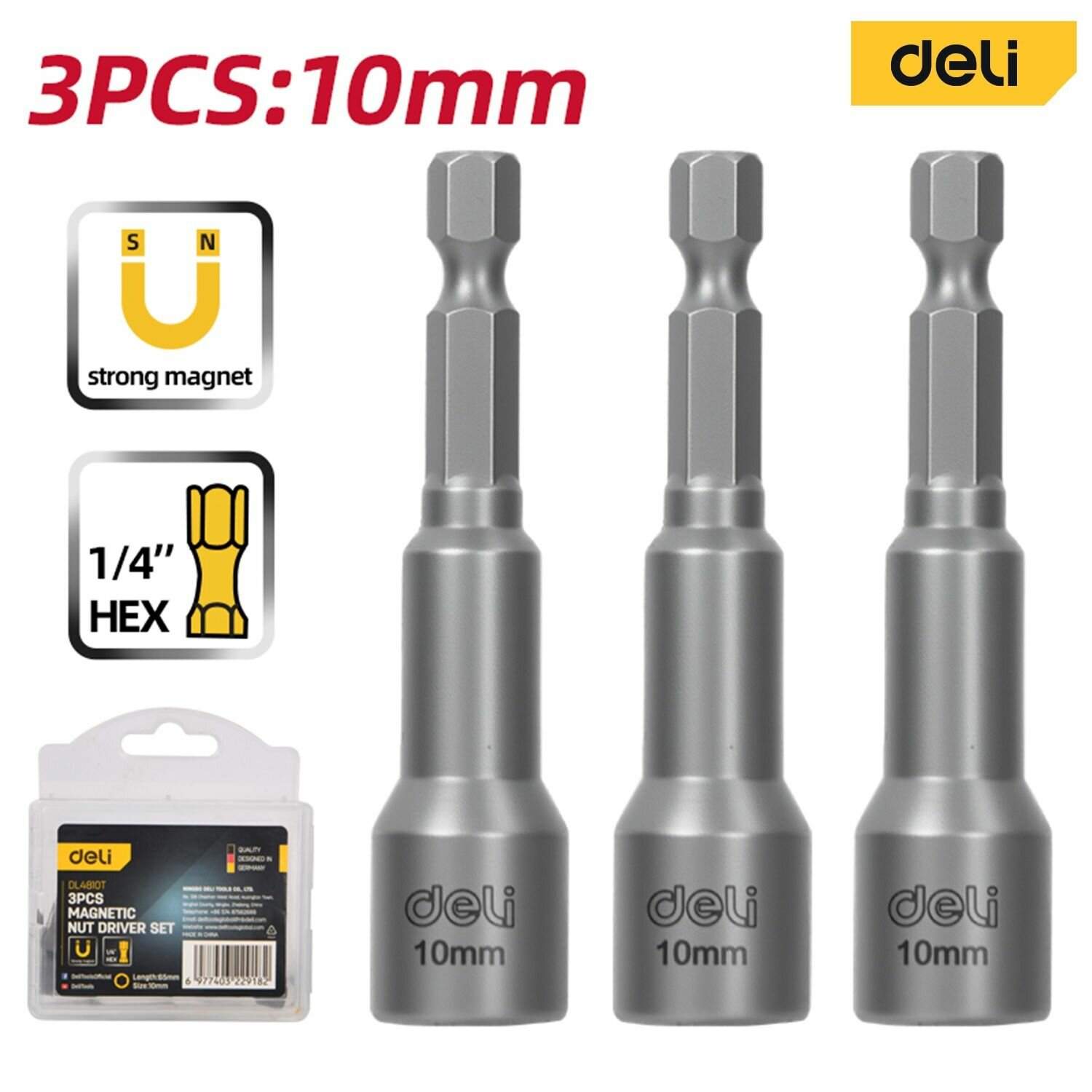 Набор магнитных бит с торцевой головкой 3шт Deli DL4810T 10мм длина 65мм сталь 40Cr пласт. кейс