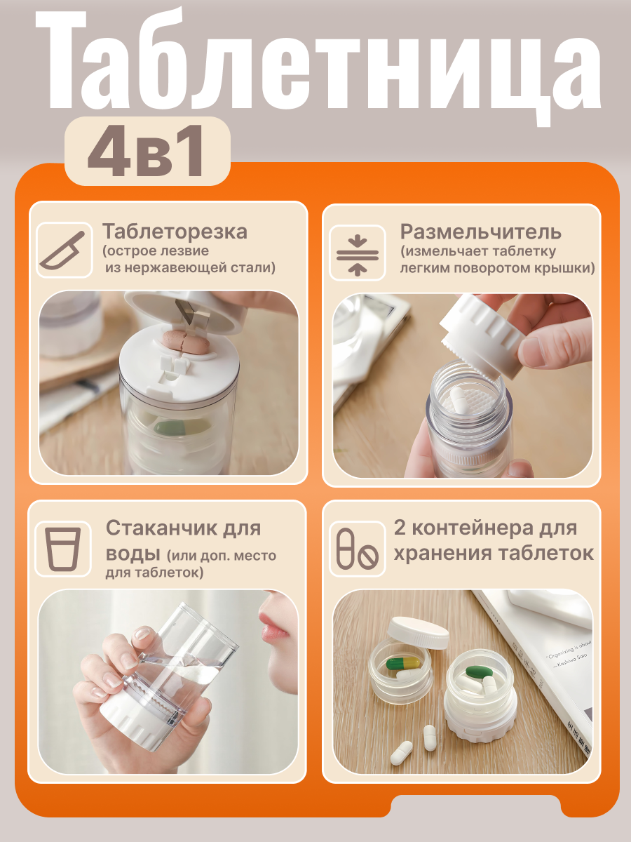 Изображение Таблетница "4 в 1" на один день, с делителем и размельчителем, с стаканом, таблеторезка