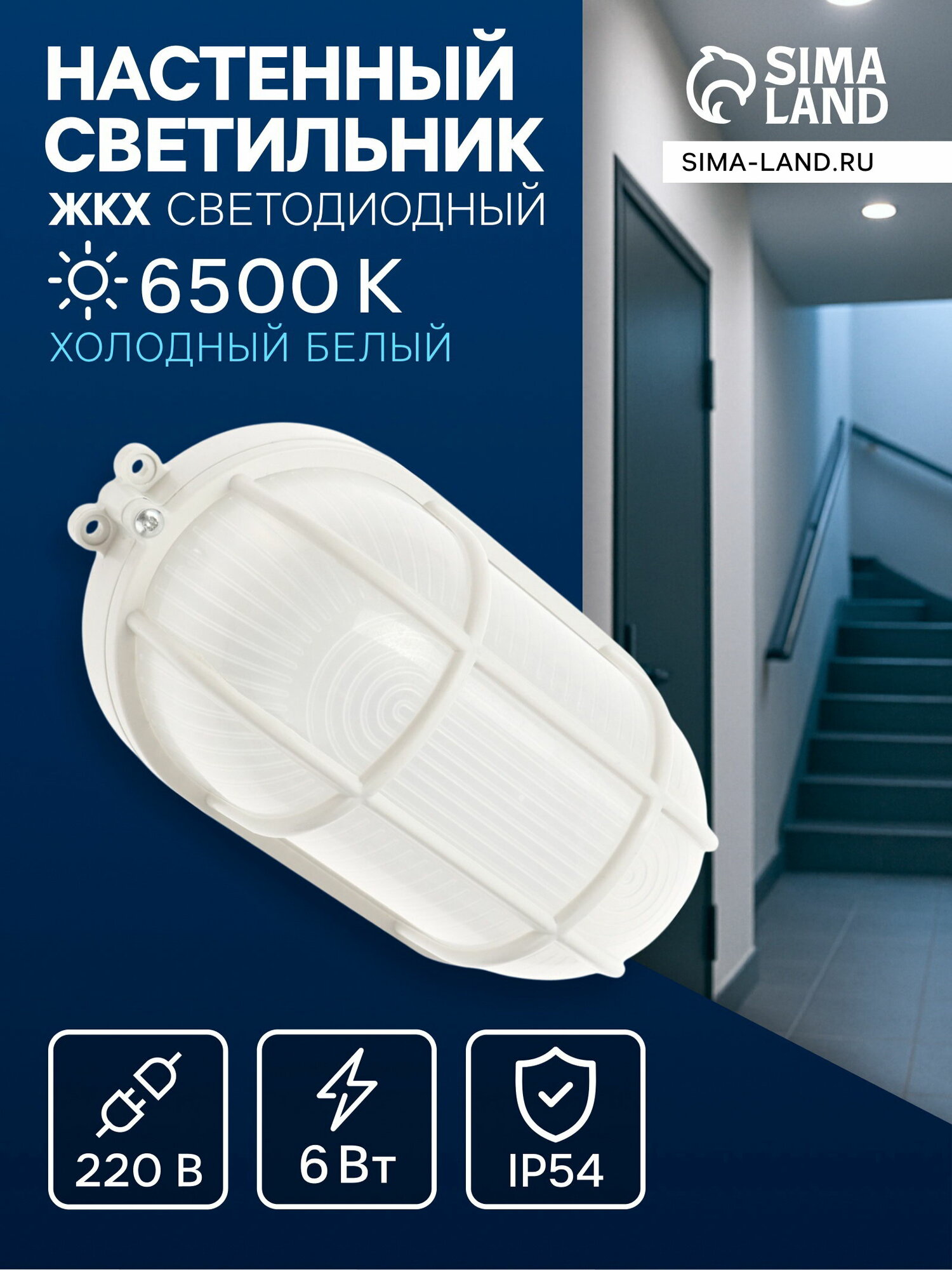Светильник ЖКХ светодиодный 6 Вт IP54 6500К 220В овал пластик белый
