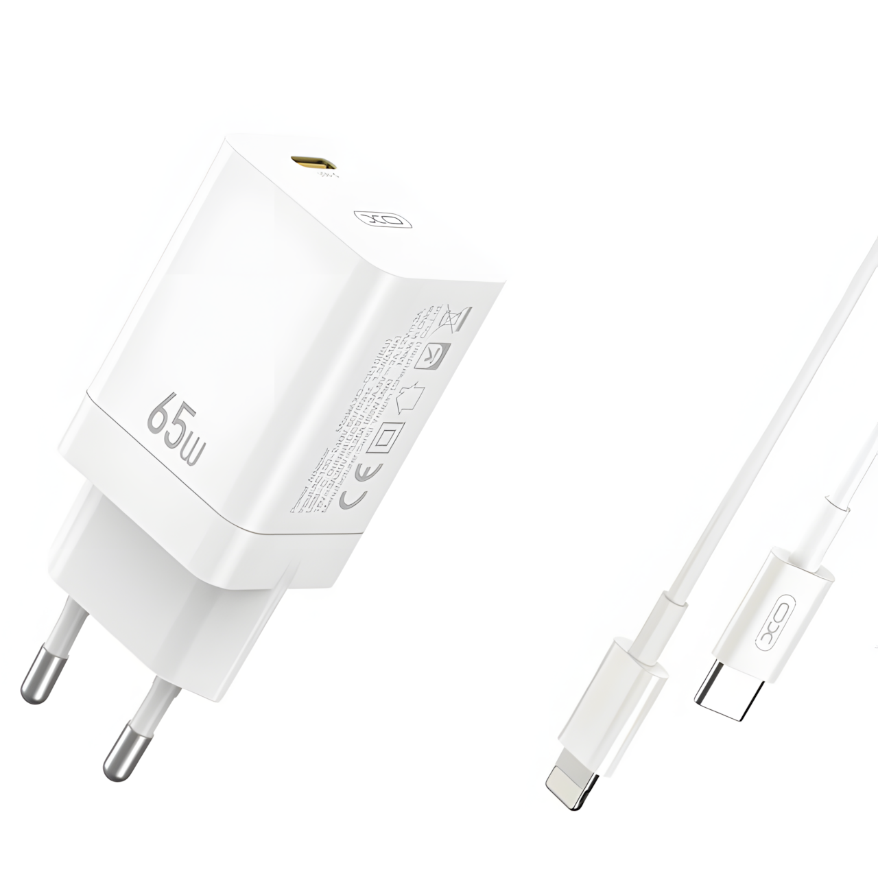 Сетевое зарядное устройство XO CE10, Type-C, Lightning, 65W, Быстрая зарядка, Белый