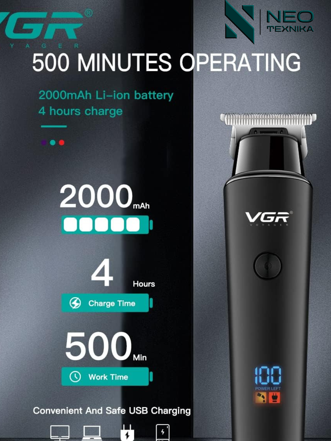 Триммер для волос VGR V-937, быстрая зарядка, керамические лезвия, USB — фото 1