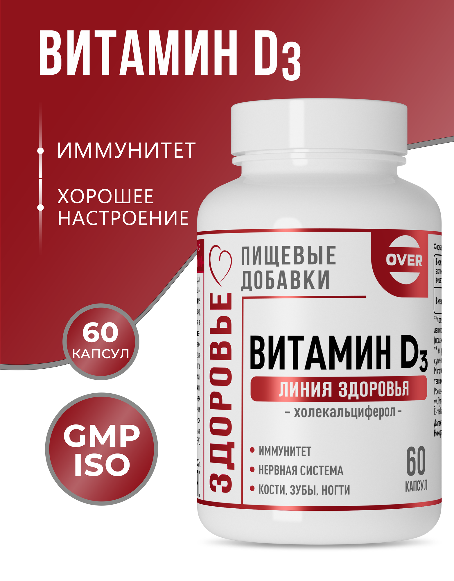 Витамин Д3 (D3) для иммунитета, для женщин, для мужчин, здоровье костей, зубов,60 капсул