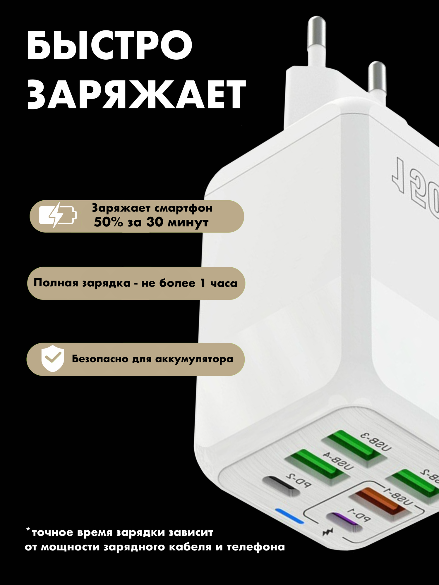 Зарядное устройство (адаптер) для зарядки телефона, планшета. 4 USB порта и 2 Type-C разъема. 150W 5V / цвет черный — фото 1