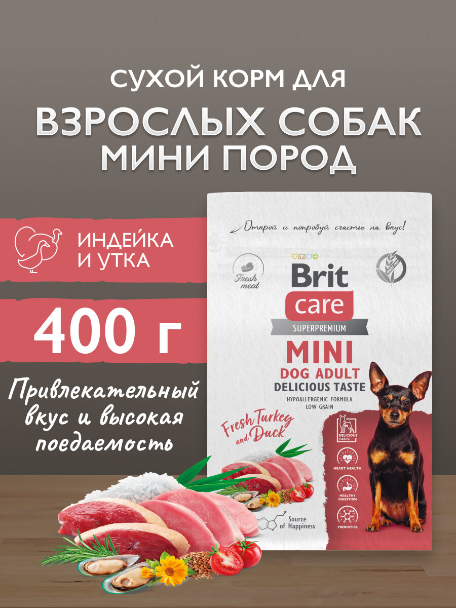 Сухой корм Brit Care Mini для привередливых собак мелких пород, гипоаллергенный с индейкой и уткой 0,4 кг
