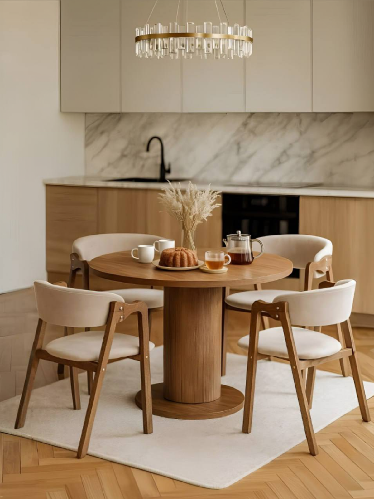 Стулья для кухни комплект 4 шт со спинкой с подлокотниками мягкие деревянные, кресла обеденные, велюр, Бежевая