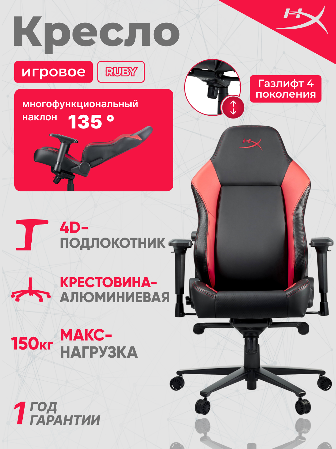 Игровое компьютерное кресло HyperX Ruby, эко-кожа, 4D-подлокотники, газлифт 4,150 кг
