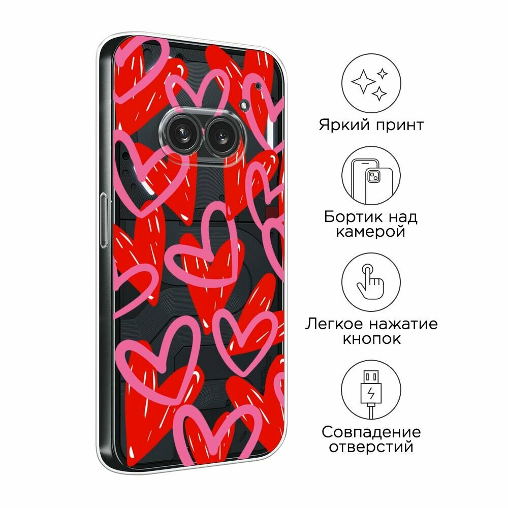 Чехол на Nothing Phone 2a/2a Plus / Нотинг Фон 2а/2a Плюс с принтом "Hearts doodles - 14 февраля", прозрачный — фото 1