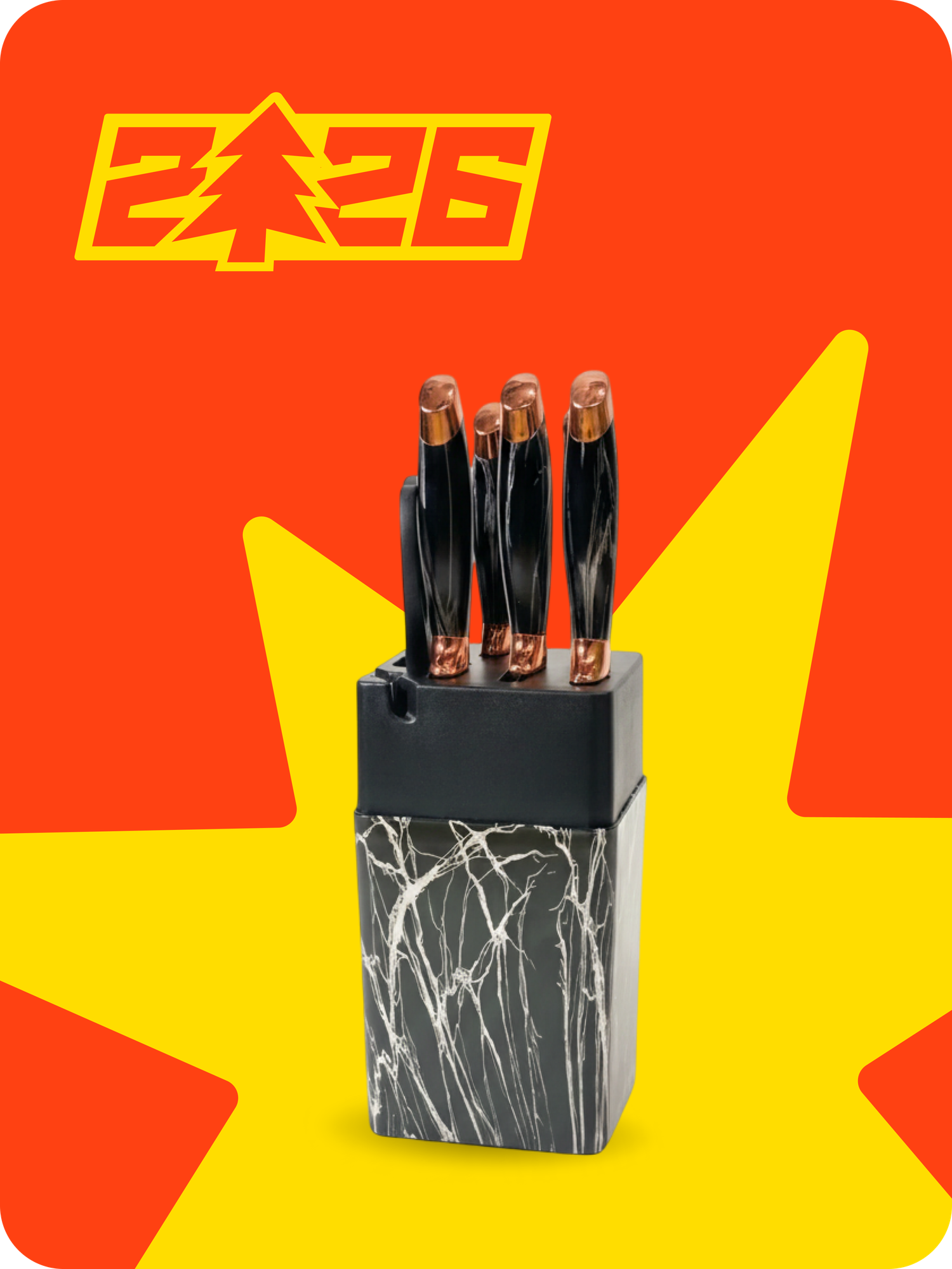 Набор кухонных ножей 6 предметов с подставкой, мраморный дизайн, нержавеющая сталь