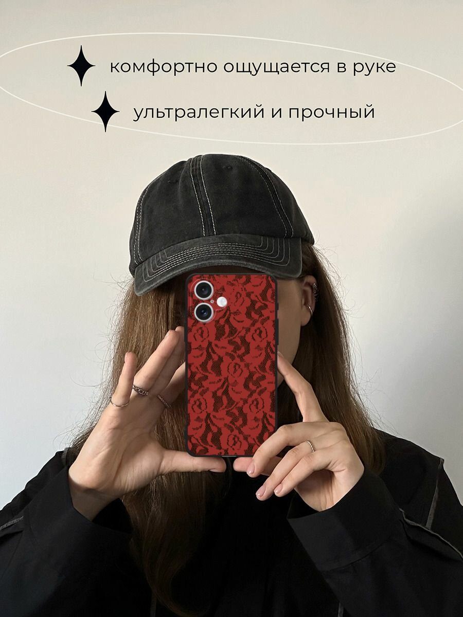 Черный матовый чехол на Apple iPhone 16 Plus / Айфон 16 Плюс с принтом Красные кружева цветов — фото 1