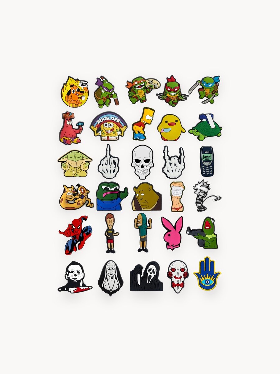 Украшения для обуви джибики("Мемы", "Черепашки ниндзя", "Ужасы", "Пепе", "Нокиа"), Джибитсы(30 штук)