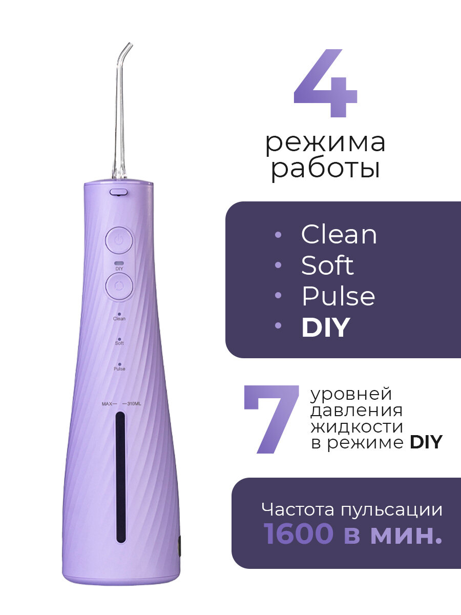 Картинки Ирригатор для зубов и десен Revyline RL 640 портативный, фиолетовый, мощный, для брекетов, для полости рта