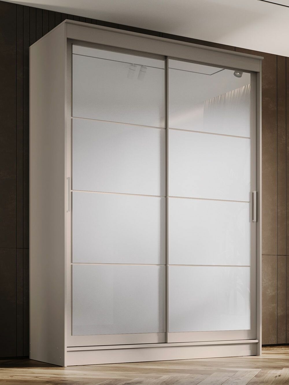 Шкаф-купе для одежды и хранения вещей Гранд Лакобель белый, с полками, с ящиками, со штангой для одежды, 160.2х61.5х220 см, Сатин / Лакобель белый