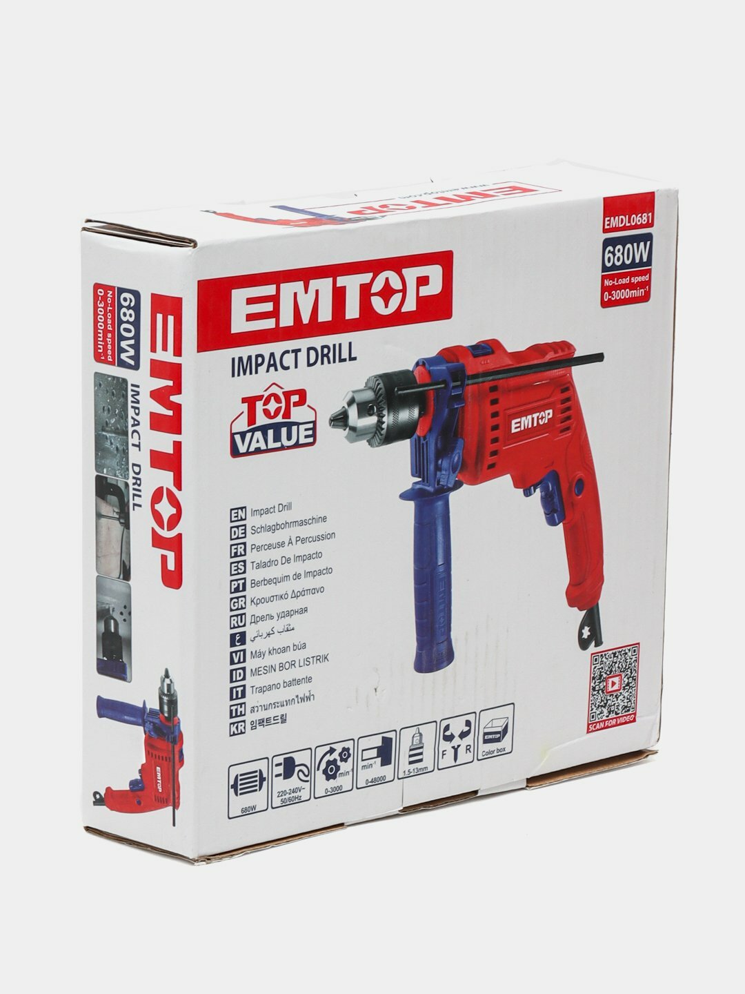 Ударная дрель EMTOP 680Вт, реверс, регулировка скорости, патрон 13 мм, для бетона, дерева и металла