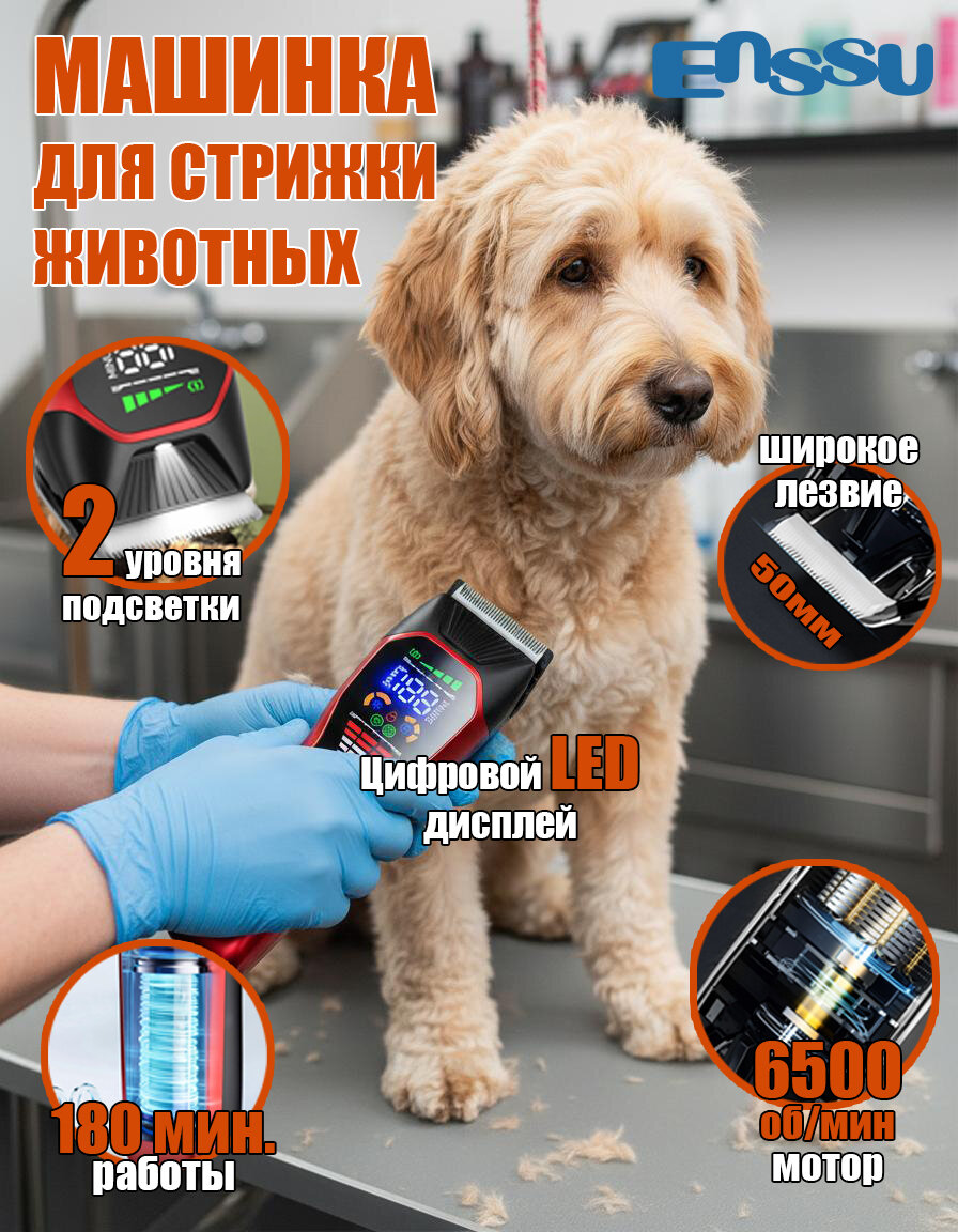 Машинка триммер для стрижки животных/ увеличенная ширина лезвия и подсветка /Триммер для стрижки собак/ Машинка для груминга с подсветкой