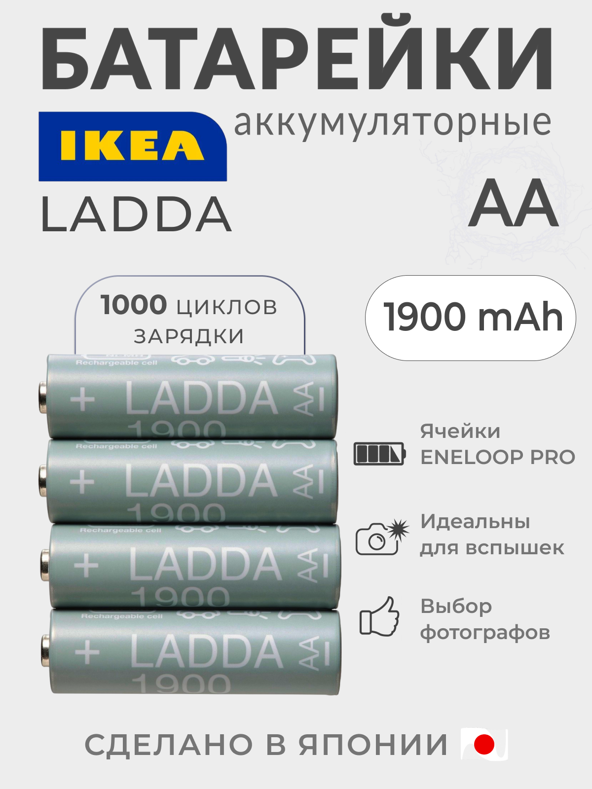 Аккумуляторная батарейка AA ikea LADDA Eneloop 1900 mAh, HR06 1,2 В, 4 т. , Япония Ладда 005.098.14