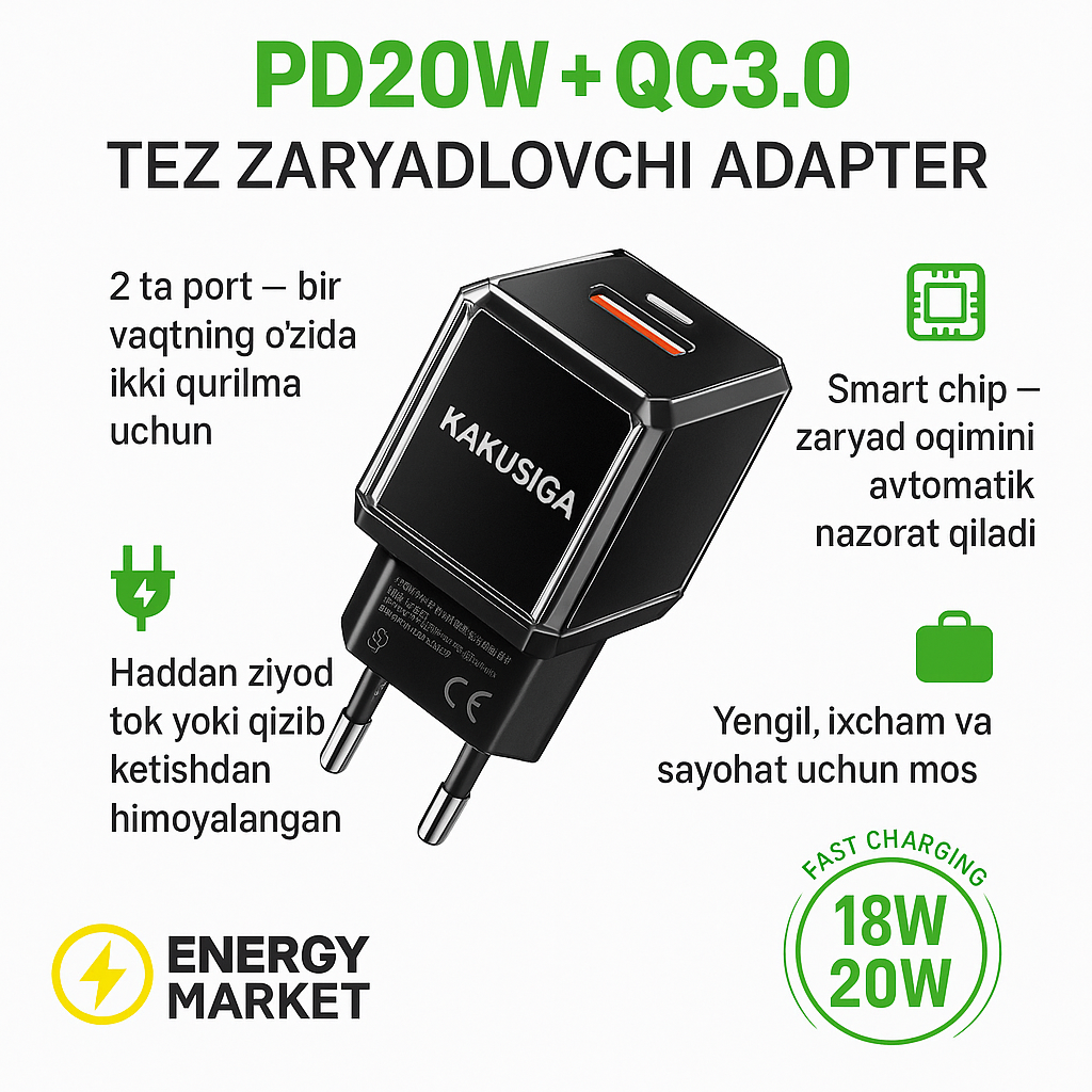 Kakusiga PD20W + адаптер для быстрой зарядки QC3.0 | Два порта USB + зарядка Type-C (вилка стандарта ЕС)