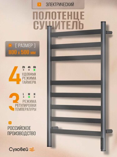 Изображение товара Полотенцесушитель электрический Суховей Соната SSF85001GM 80x50 см, графит матовый / Сушилка для полотенец в ванную, лесенка с терморегулятором