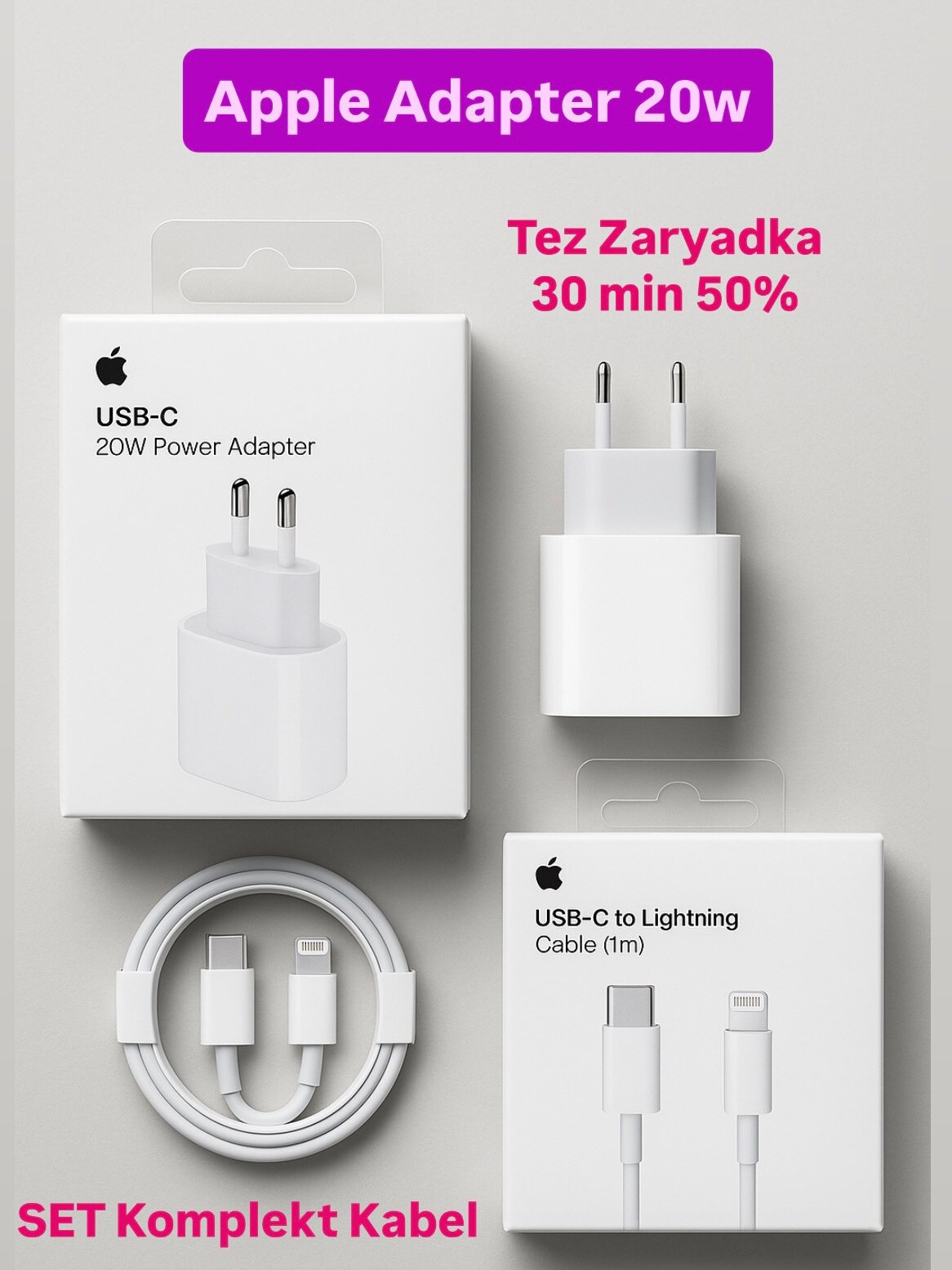 Зарядное устройство Apple USB-C 20W Power Adapter, и Кабел lightning блок питания для зарядки iPhone iPad iPod touch