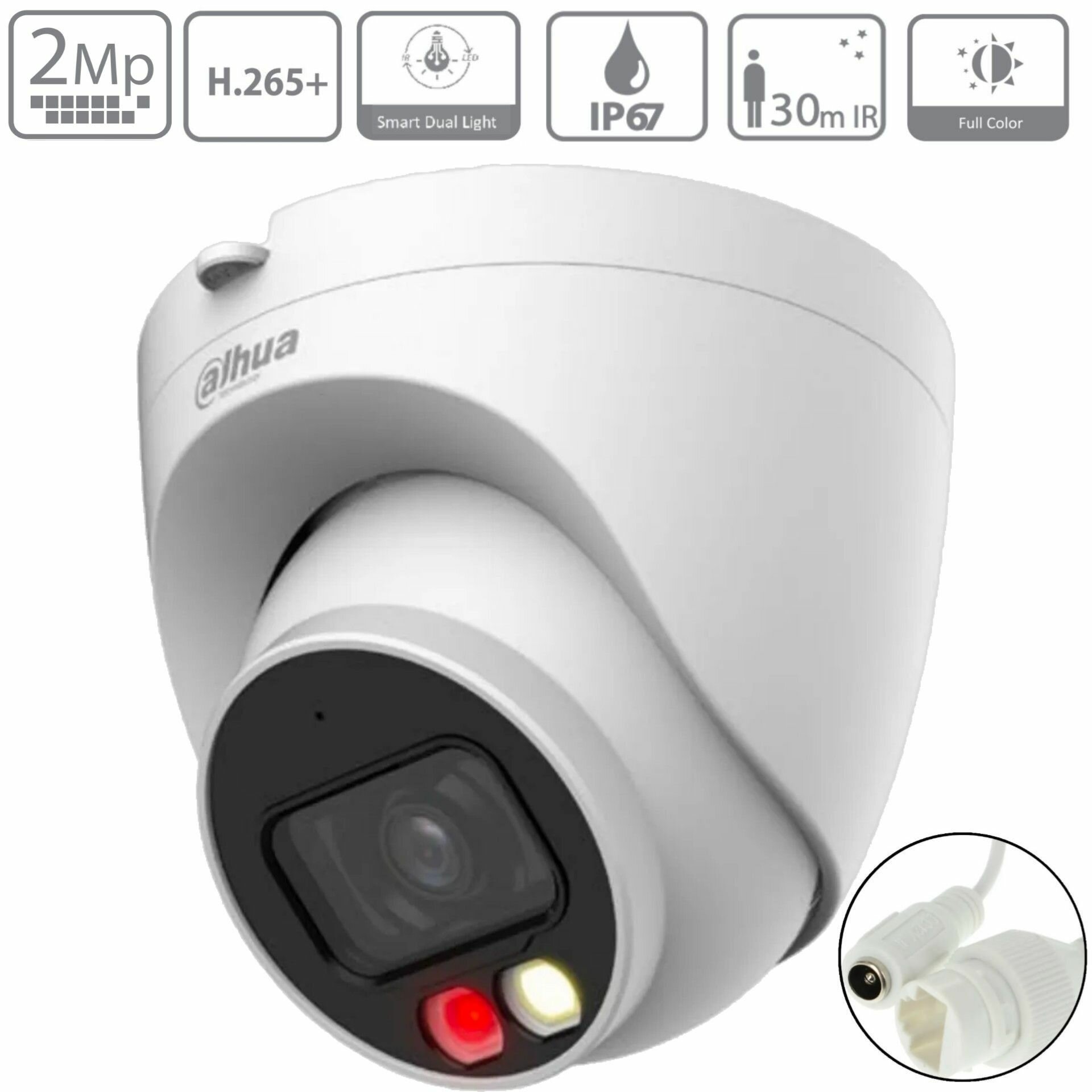 Dahua DH-IPC-HDW2249TP-S-IL-0280B 2Мп 2,8 мм - камера видеонаблюдения IP внутренняя и уличная, цифровая купольная IP-видеокамера для улицы и помещений Full color с LED подсветкой, 1080P, CMOS 1/2.8"