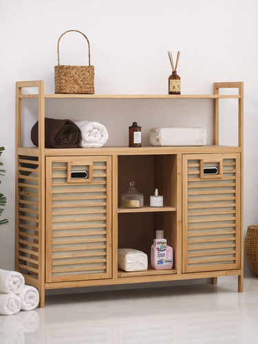 Изображение товара Стеллаж для ванной из бамбука с двумя корзинами и четырьмя полками напольный 100x30x95 см Bambuchka