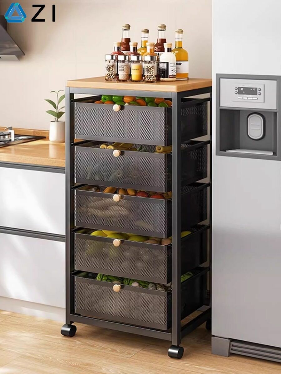 Этажерка для кухни на колесиках, металлическая черный белый цвет