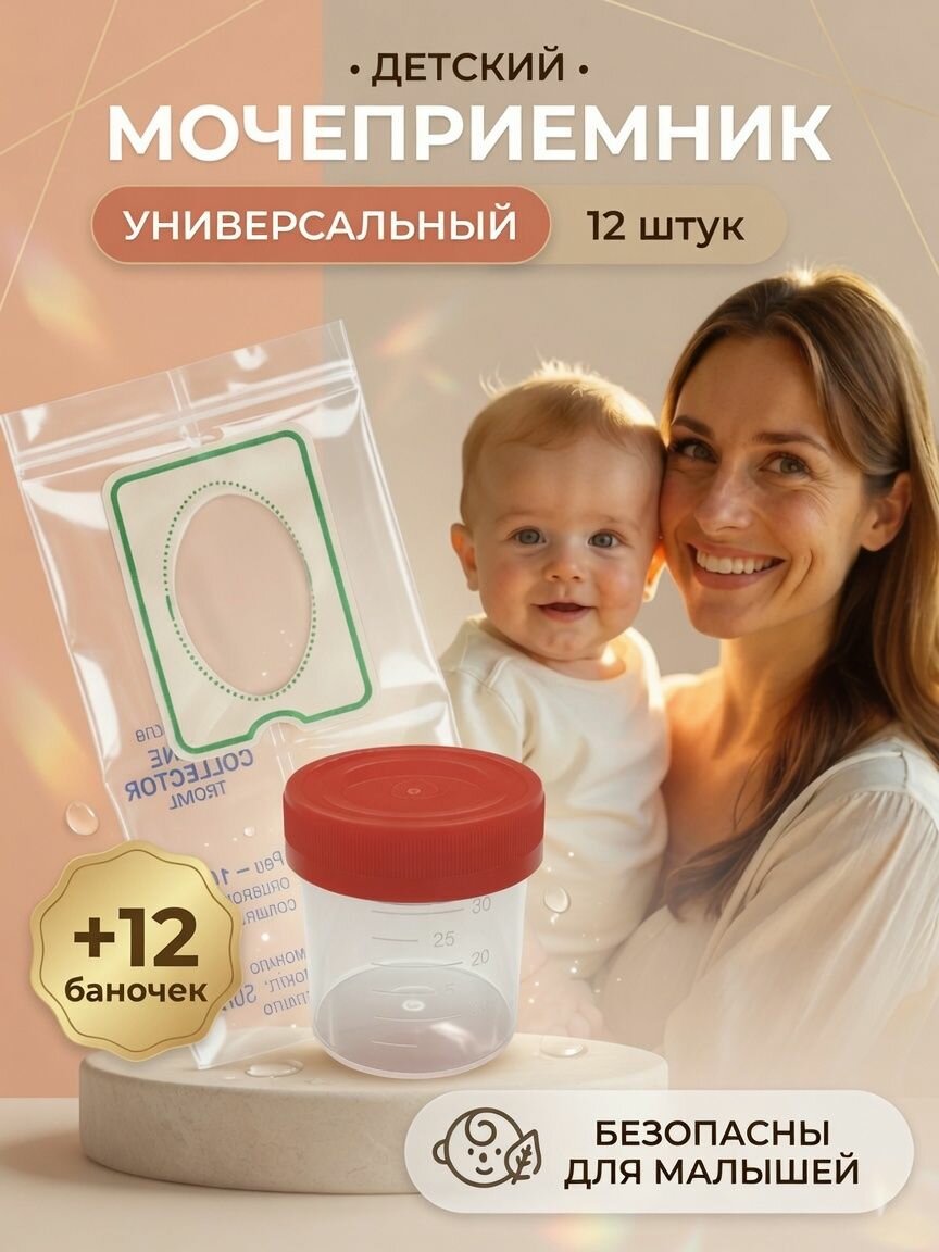 Мочеприемник детский педиатрический стерильный 100 мл, 12 штук + 12 баночек