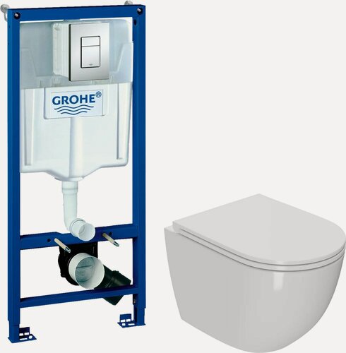 Изображение товара Комплект 2 в 1 Унитаз подвесной Bauedge Bau Dream Hurricane-2, с микролифтом, безободковый, белый / Инсталляция с кнопкой Grohe Rapid SL 38772001 цвет хром