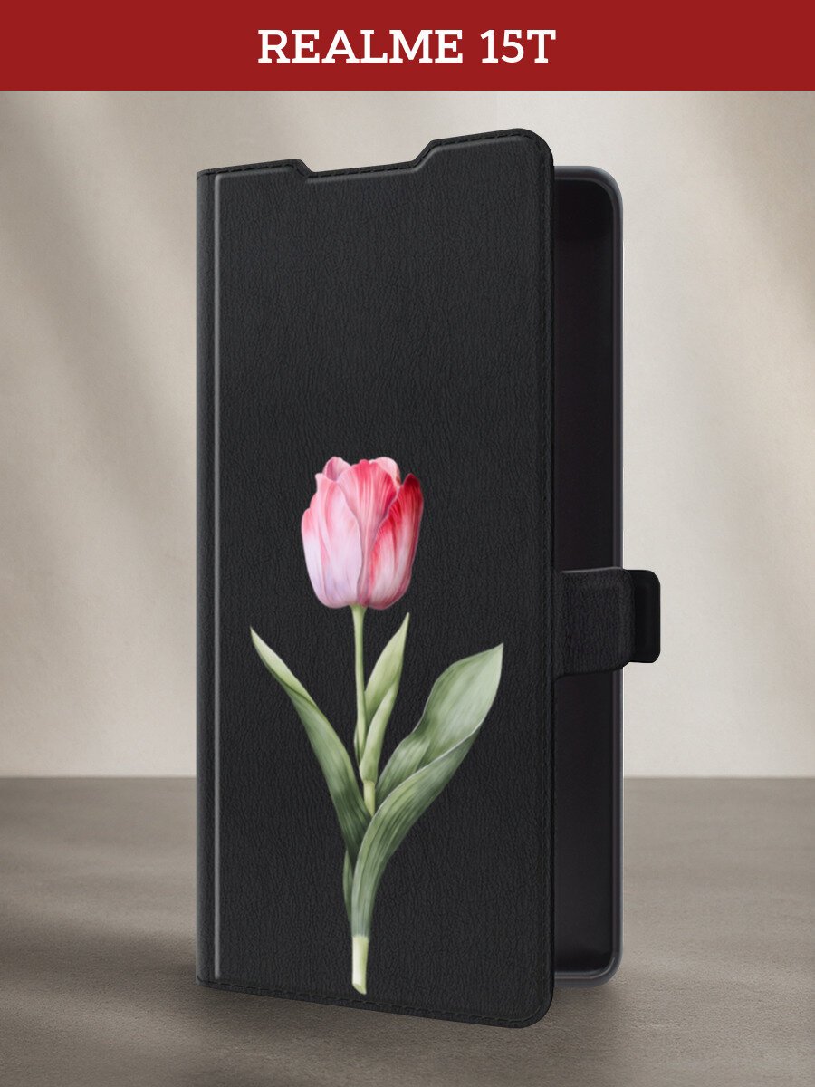 Чехол-книжка на Realme 15T / Реалми 15Т с принтом Розовый тюльпан фото, черный