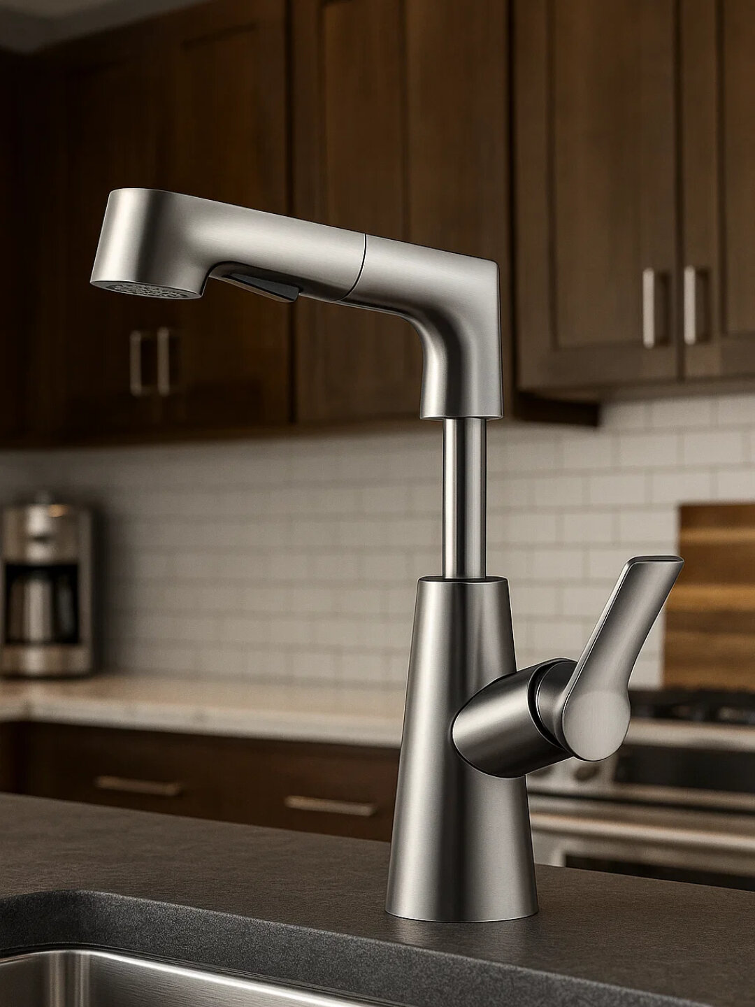 Стильный кухонный смеситель с выдвижным изливом и поворотным механизмом