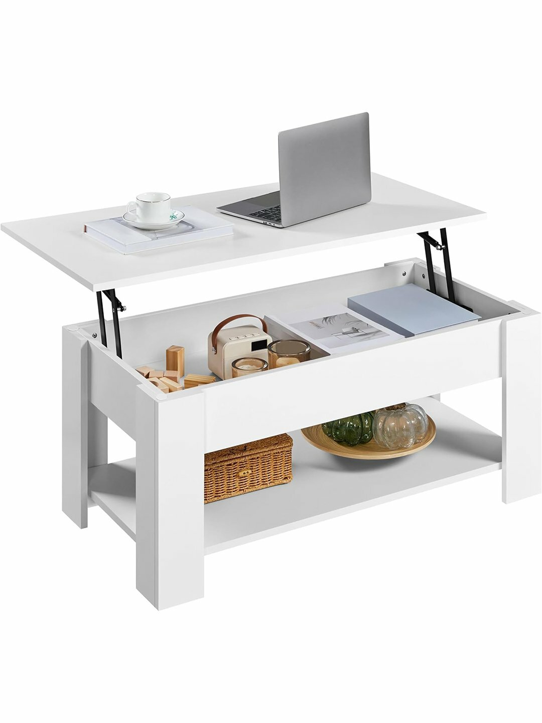 Деревянный кофейный столик с поднимаемым столешницей — большой скрытый отсек для хранения, может служить обеденным столом