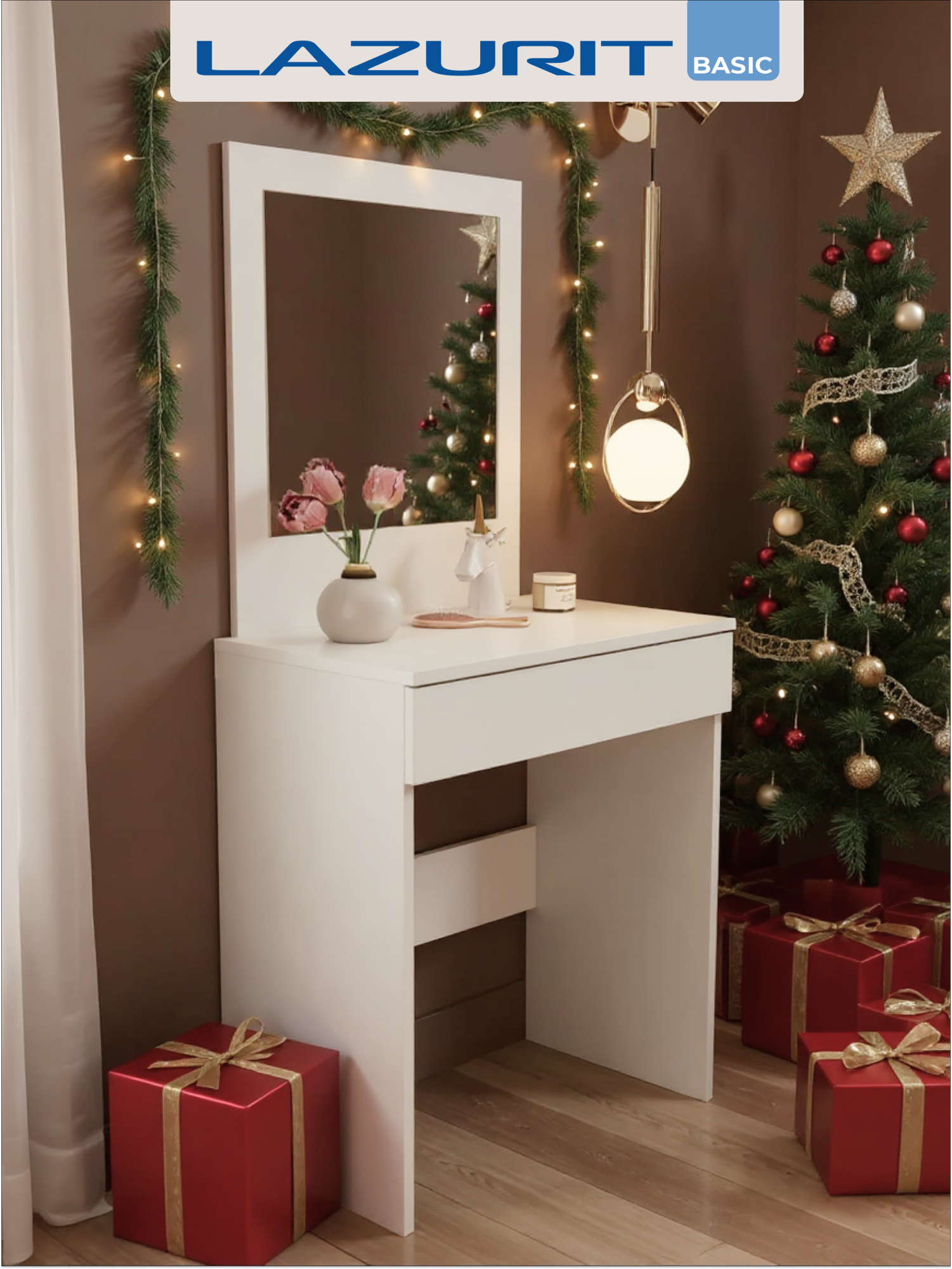 Туалетный столик с зеркалом и ящиком Lazurit Эльбрус для макияжа 60х38х135 см белый