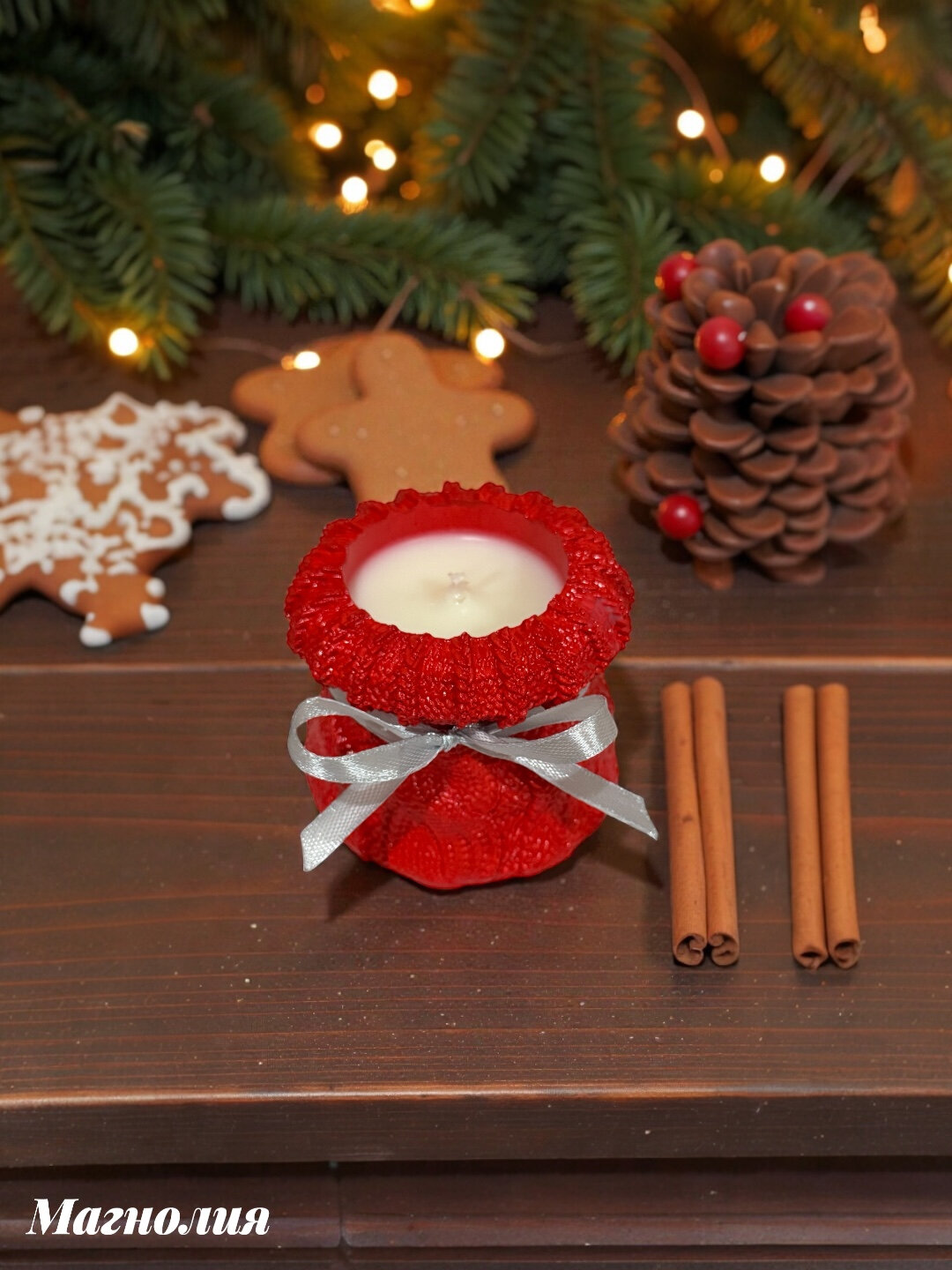 Интерьерные стаканы "Christmas - Алый", арома-свеча, скульптурный гипс, натуральный соевый воск — фото 1