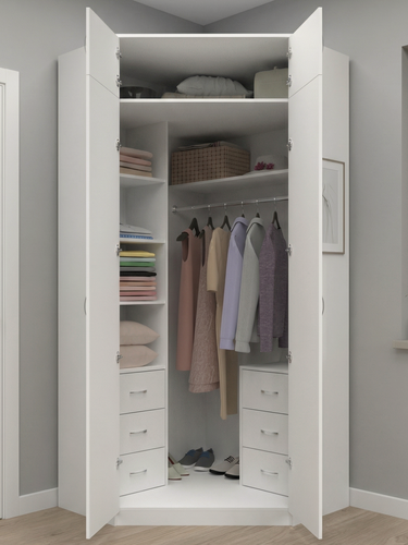 Изображение товара Шкаф угловой распашной Анри-14 с антресолью, 6 ящиками, 5 полками и штангой для вешалок, белый