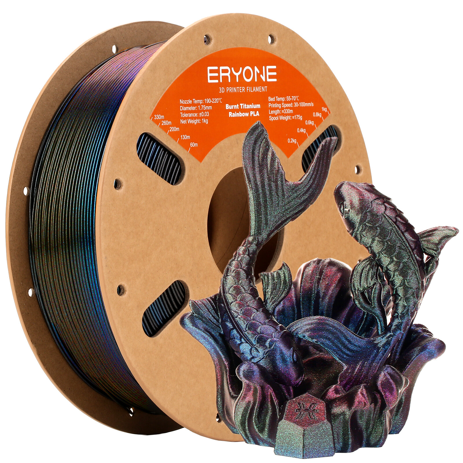 Новинка! PLA пластик для 3D принтера Eryone Burnt Titanium Rainbow Титановый Galactic (зеленый - синий - розово-фиолетовый), 1,75мм 1 кг