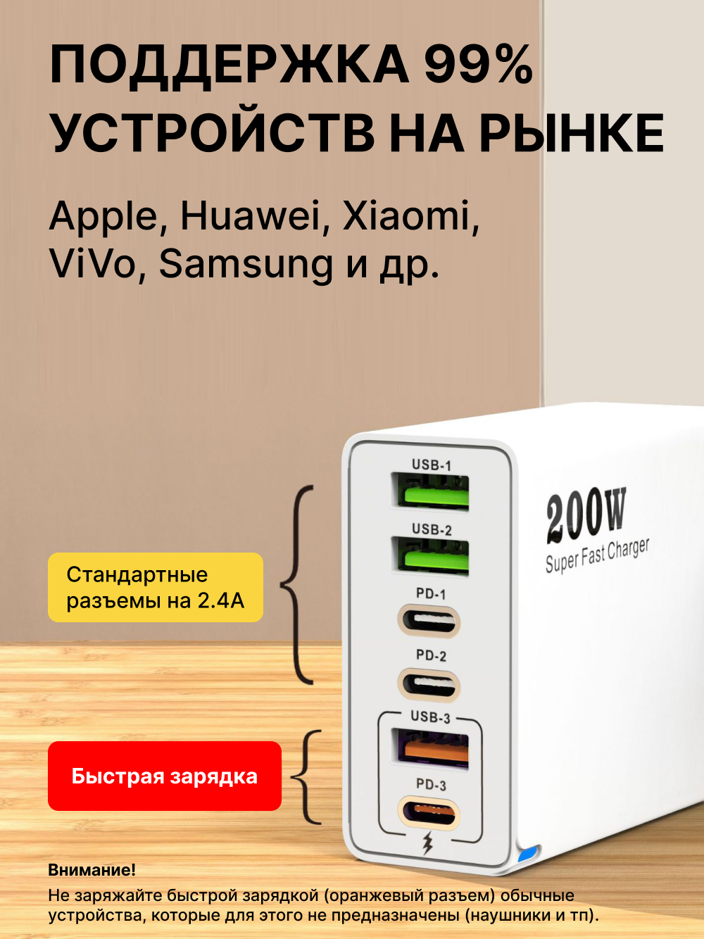 Быстрое зарядное устройство "Для iPhone", 200 W, Apple Lightning, с кабелем, защита от перенапряжений — фото 1
