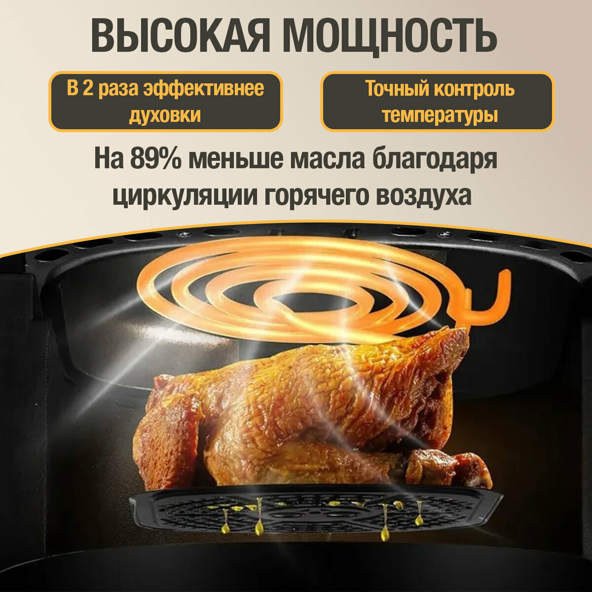 Аэрогриль электрический для дома, аэрофритюрница, сенсорный, настольный, объем 6 литров, мощность 1350 Вт, черный — фото 1