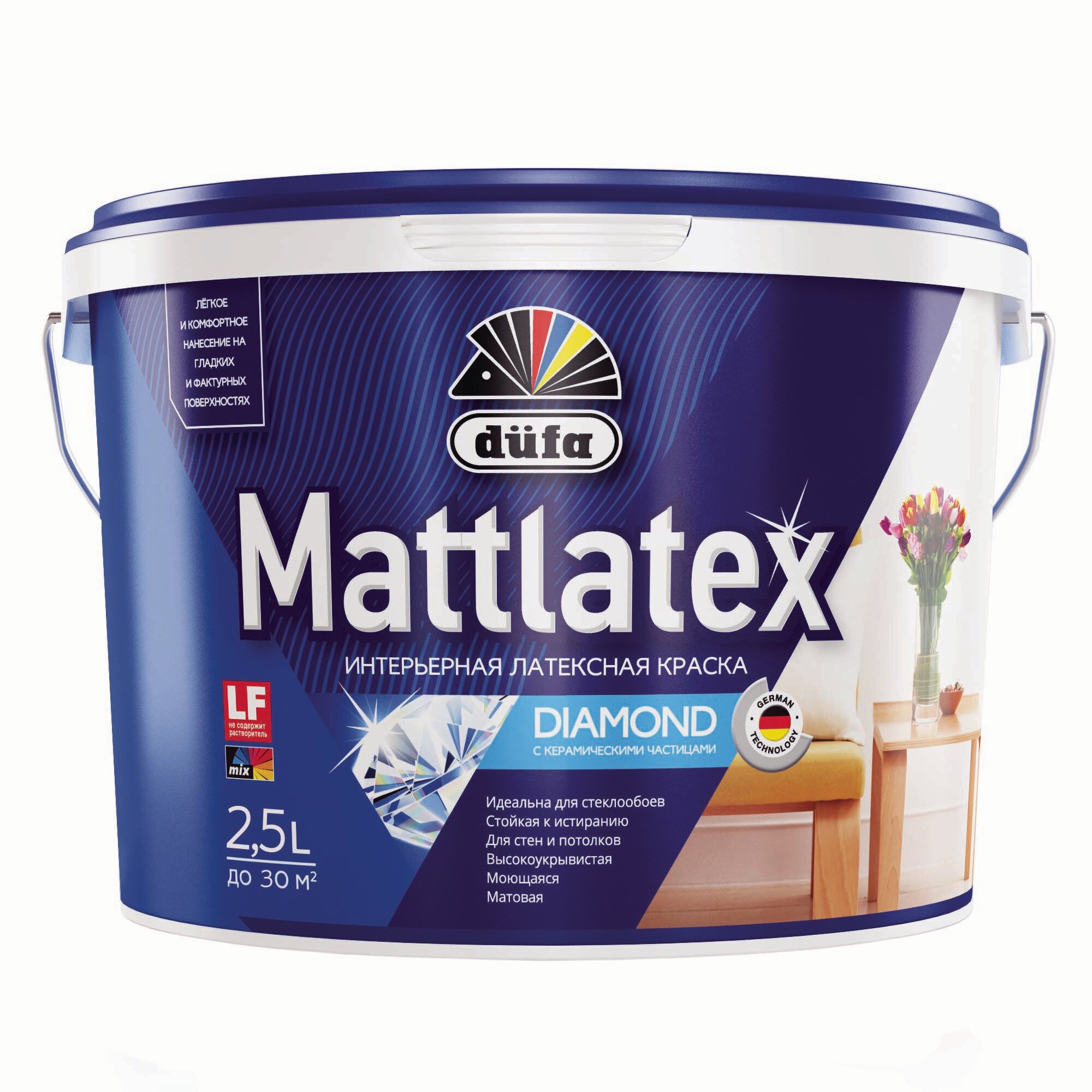 Краска для стен и потолков для влажных помещений латексная Dufa Mattlatex D100 матовая белая 25 л