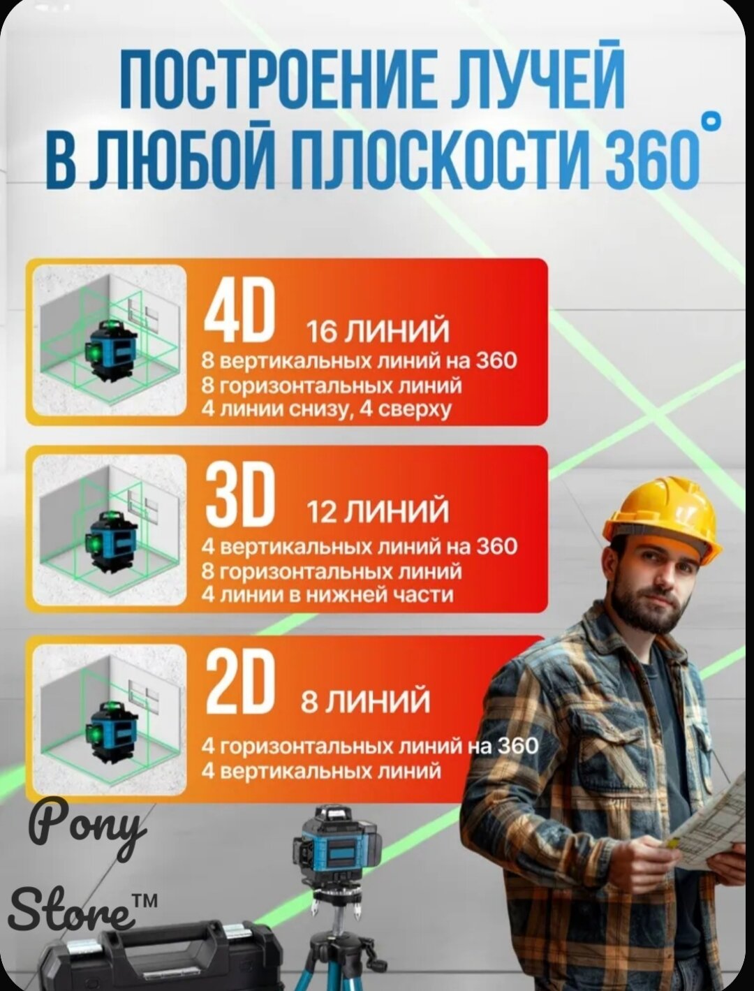 Профессиональный лазерный уровень строительный 360 4D 16 линий с защитным кейсом — фото 1