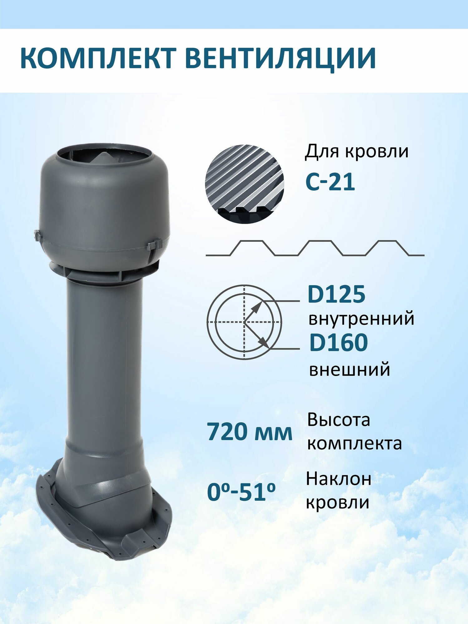 Вент. выход утепленный c колпаком D160 высотой Н-700, проходной элемент для кровельного профнастила С-21 мм