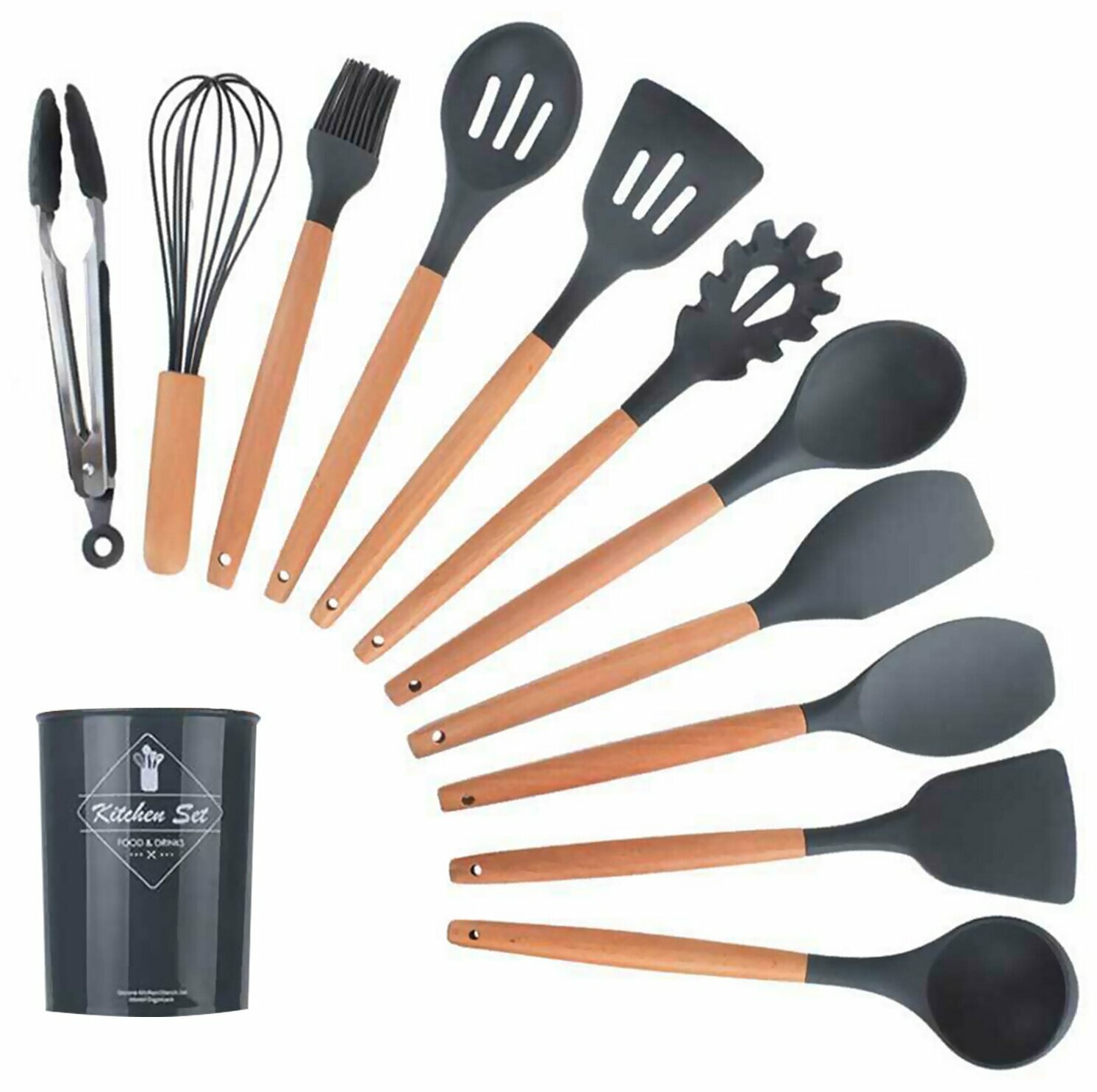 Картинки Кухонный набор Kitchen Set силикон и бамбук из 12 шт / цвет черный.