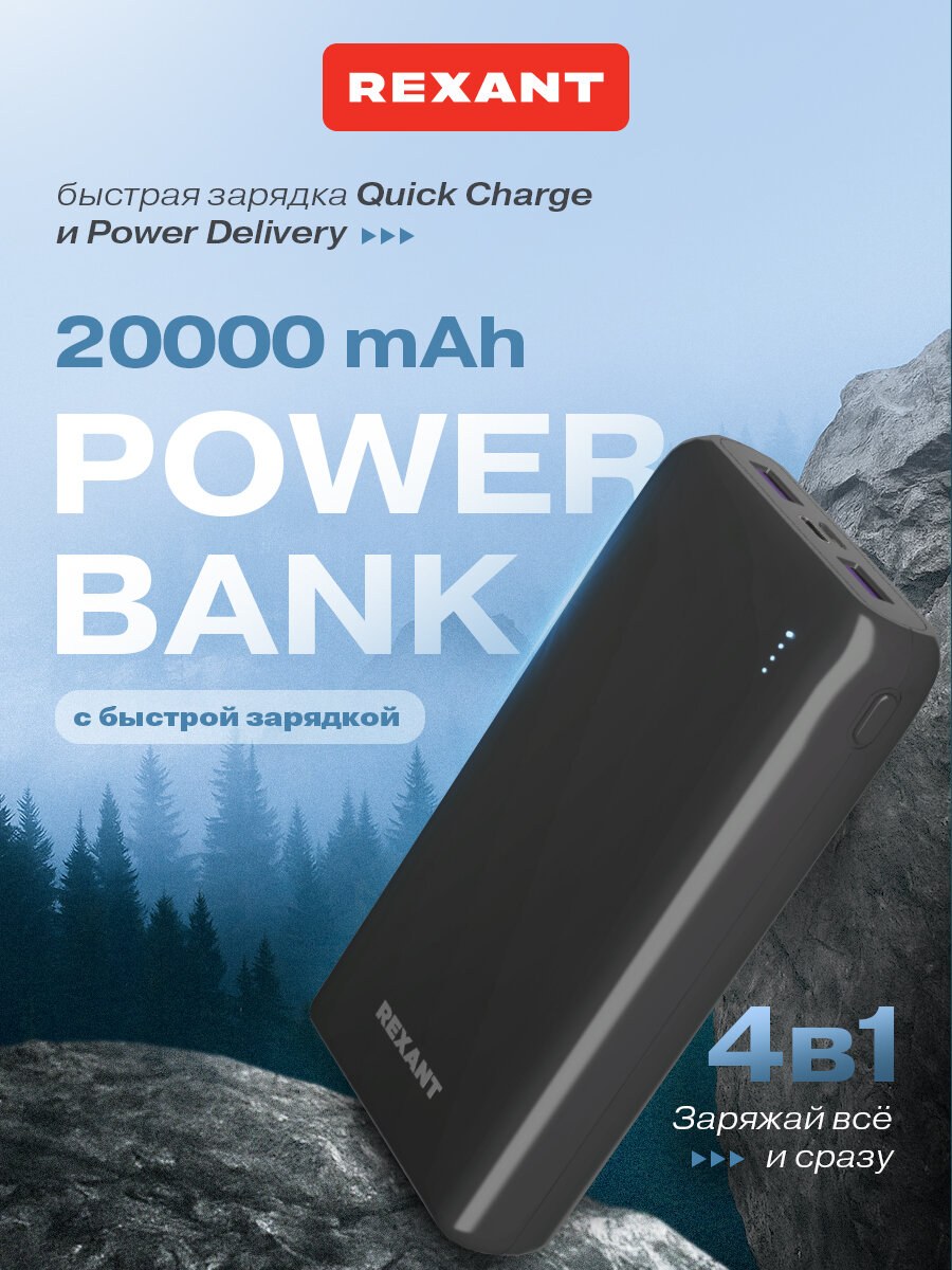 Портативный аккумулятор REXANT, 20000mAh, быстрая зарядка, черный