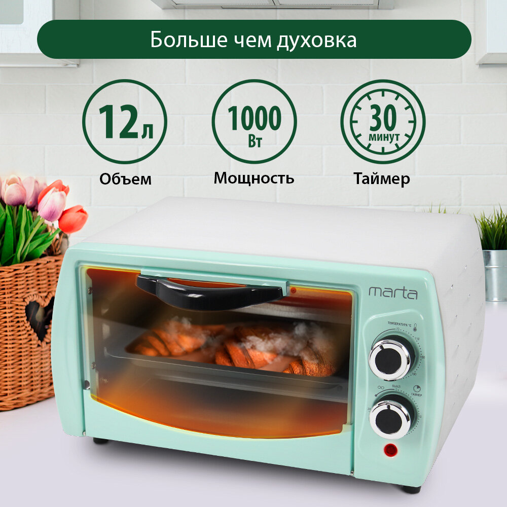 Духовка духовой шкаф мини-печь MARTA MT-4282 12 литров гриль зеленая бирюза