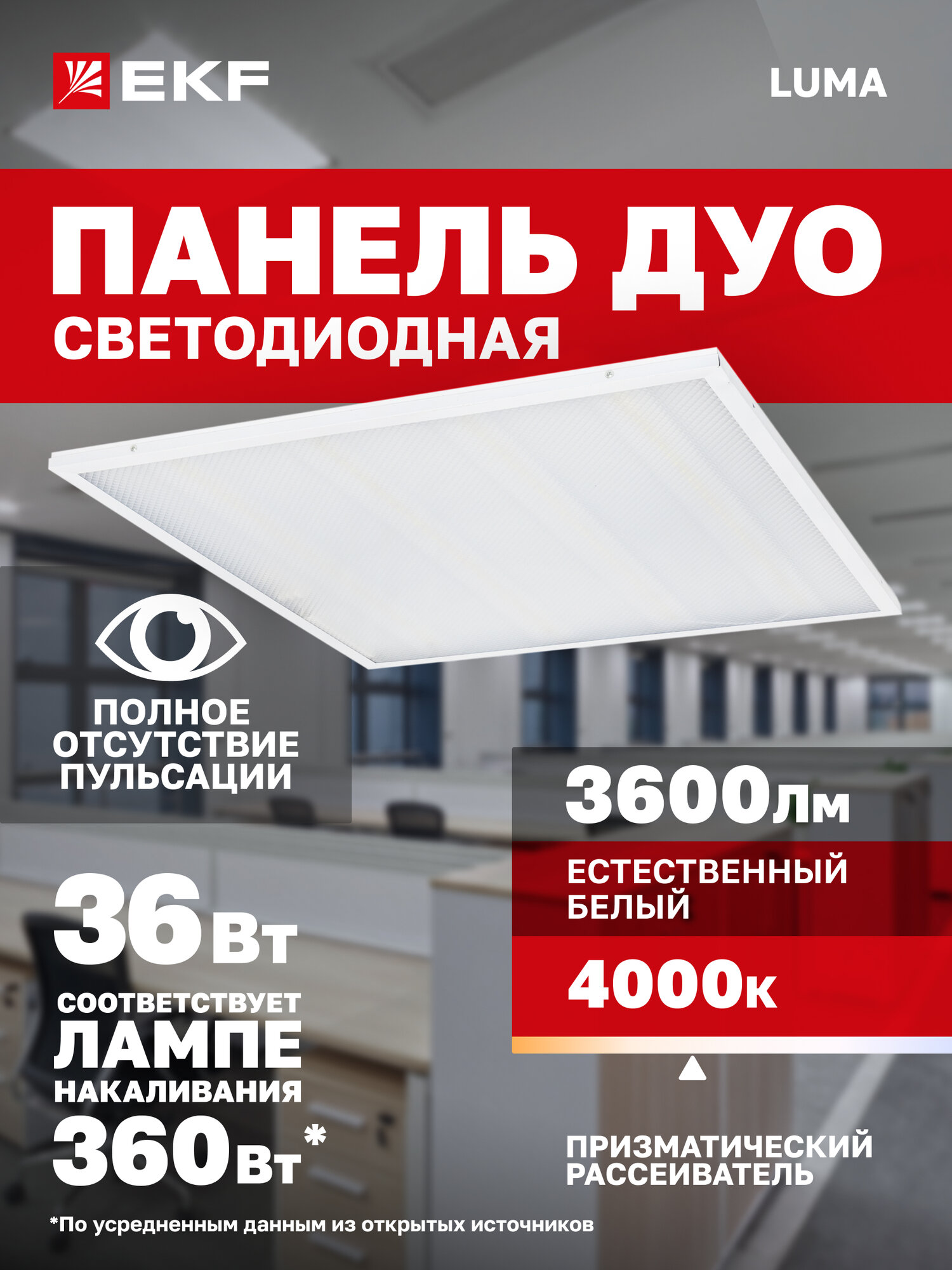 Панель светодиодная EKF LUMA (ДВО) ДУО-4101-Z 36Вт 4000K IP20 рассеиватель призма